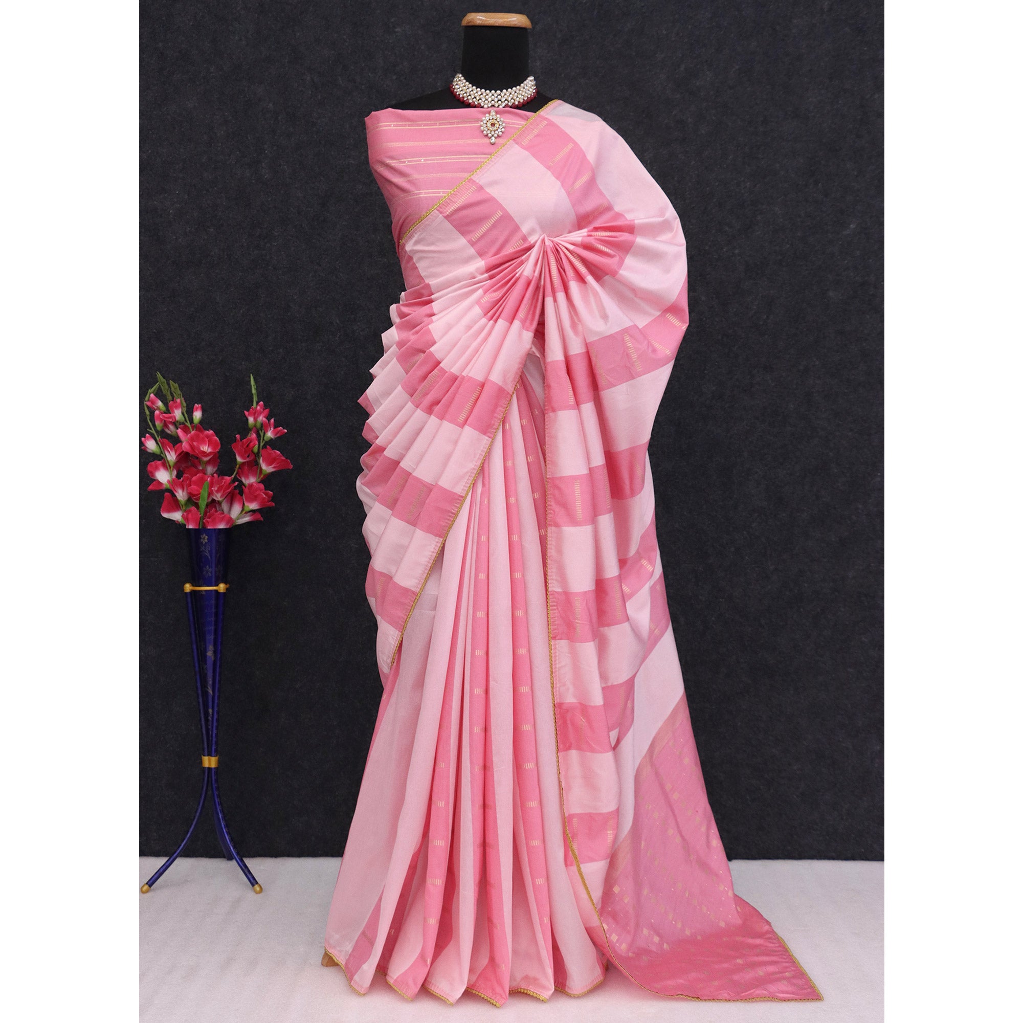 Pink Zari Woven With Sequins Work Tussar Silk Saree With Lace Border