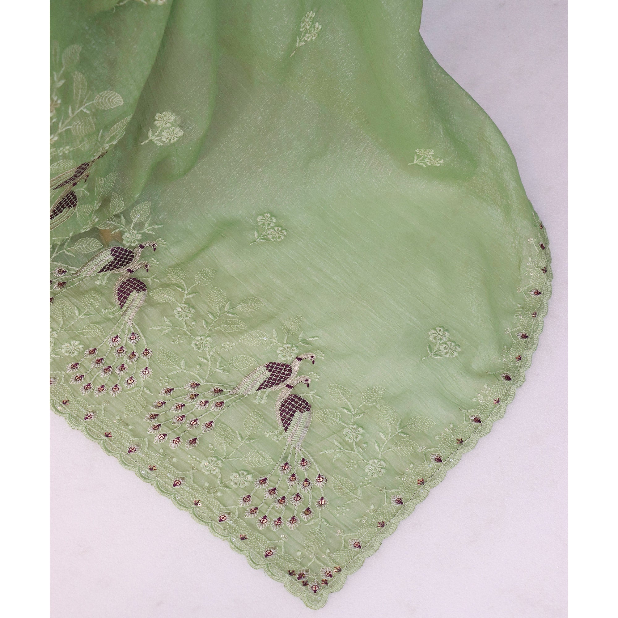 Green Floral Sequins Embroidered Art Silk Crush Saree