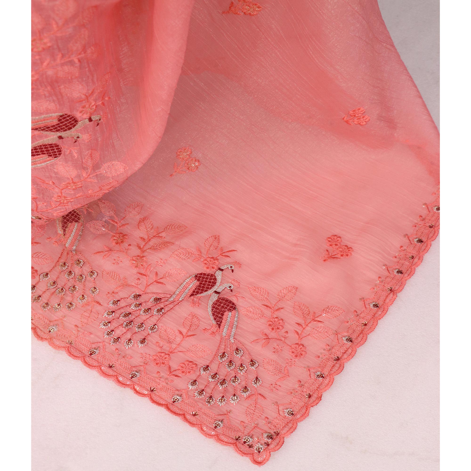 Light Peach Floral Sequins Embroidered Art Silk Crush Saree