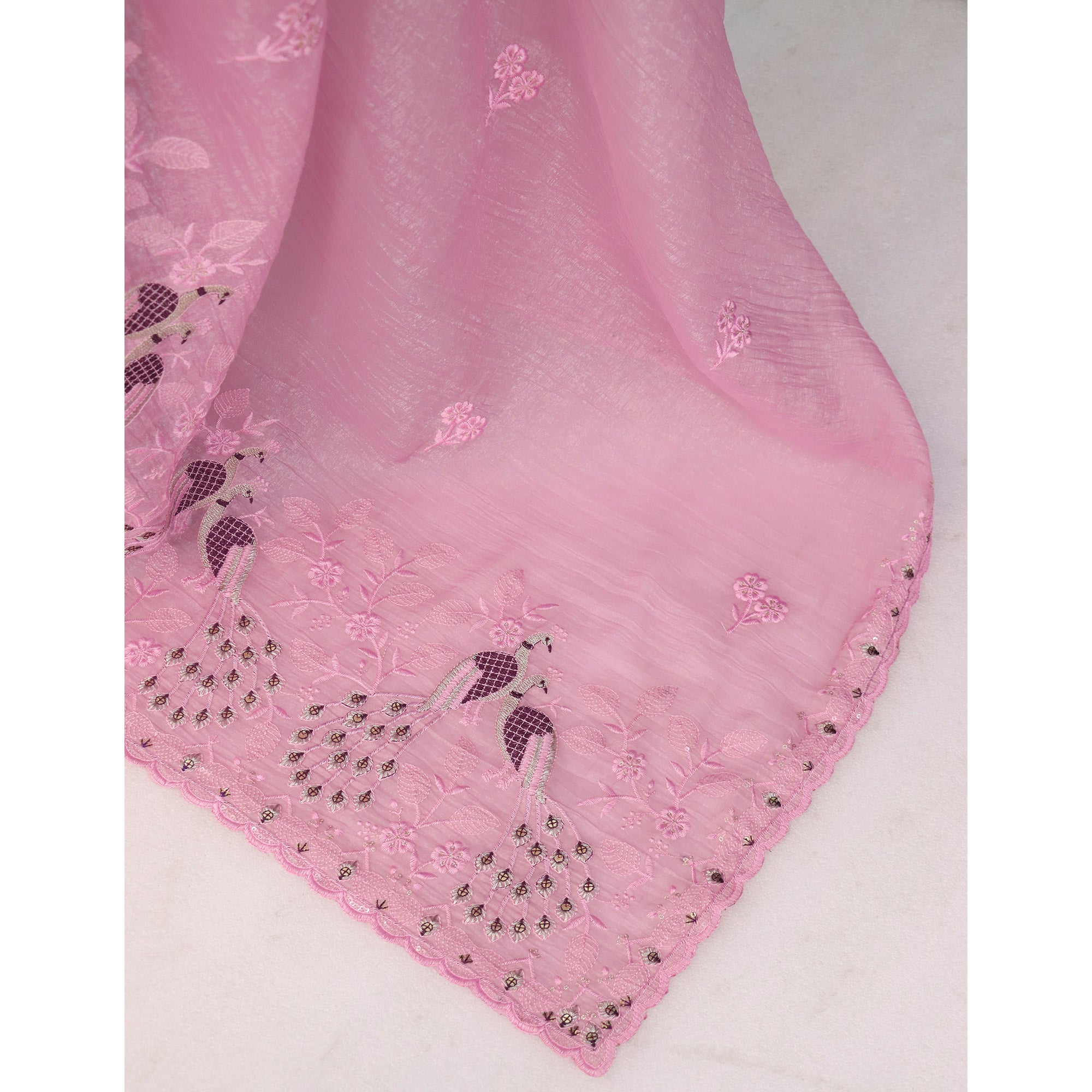 Pink Floral Sequins Embroidered Art Silk Crush Saree