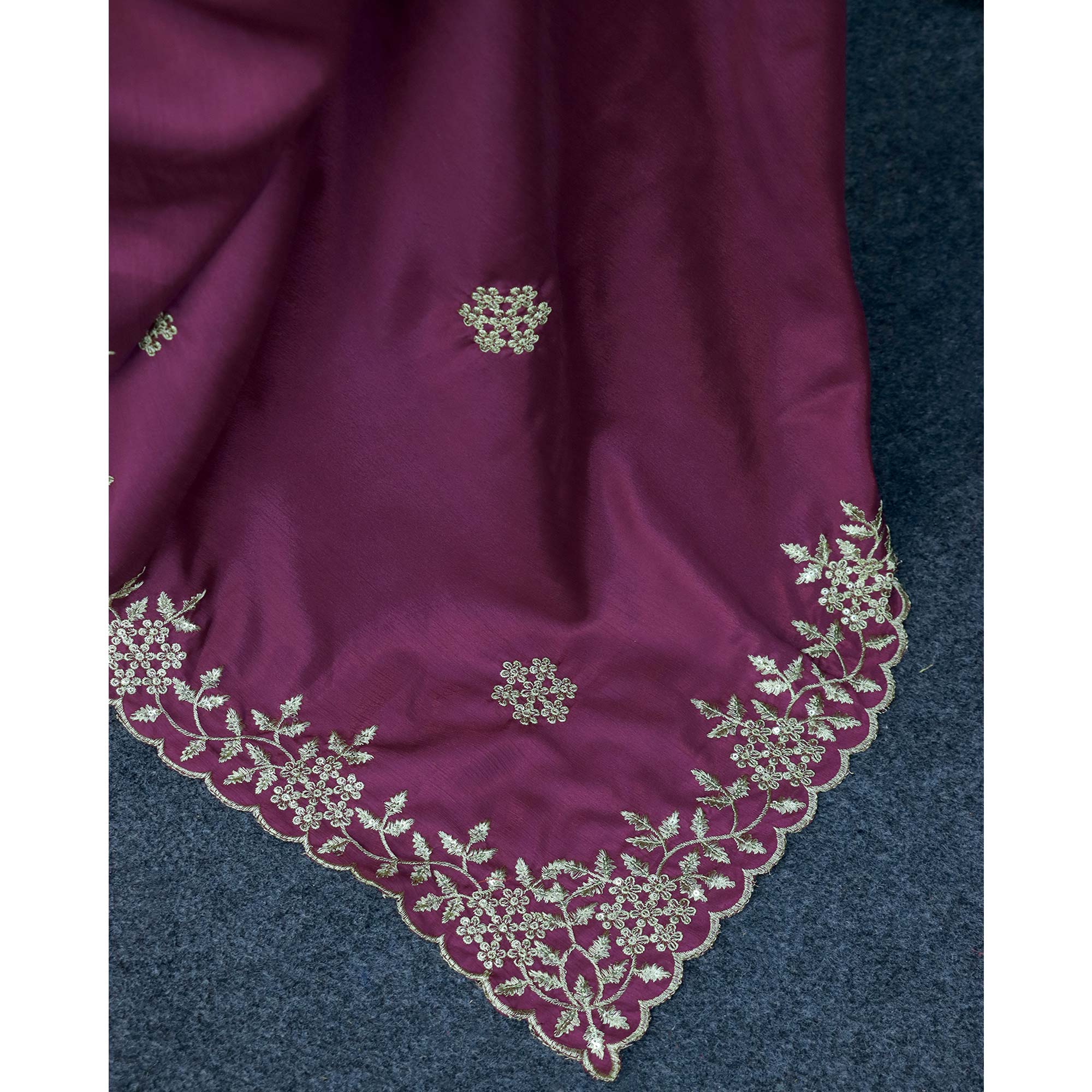 Wine Floral Sequins Embroidered Chinon Saree