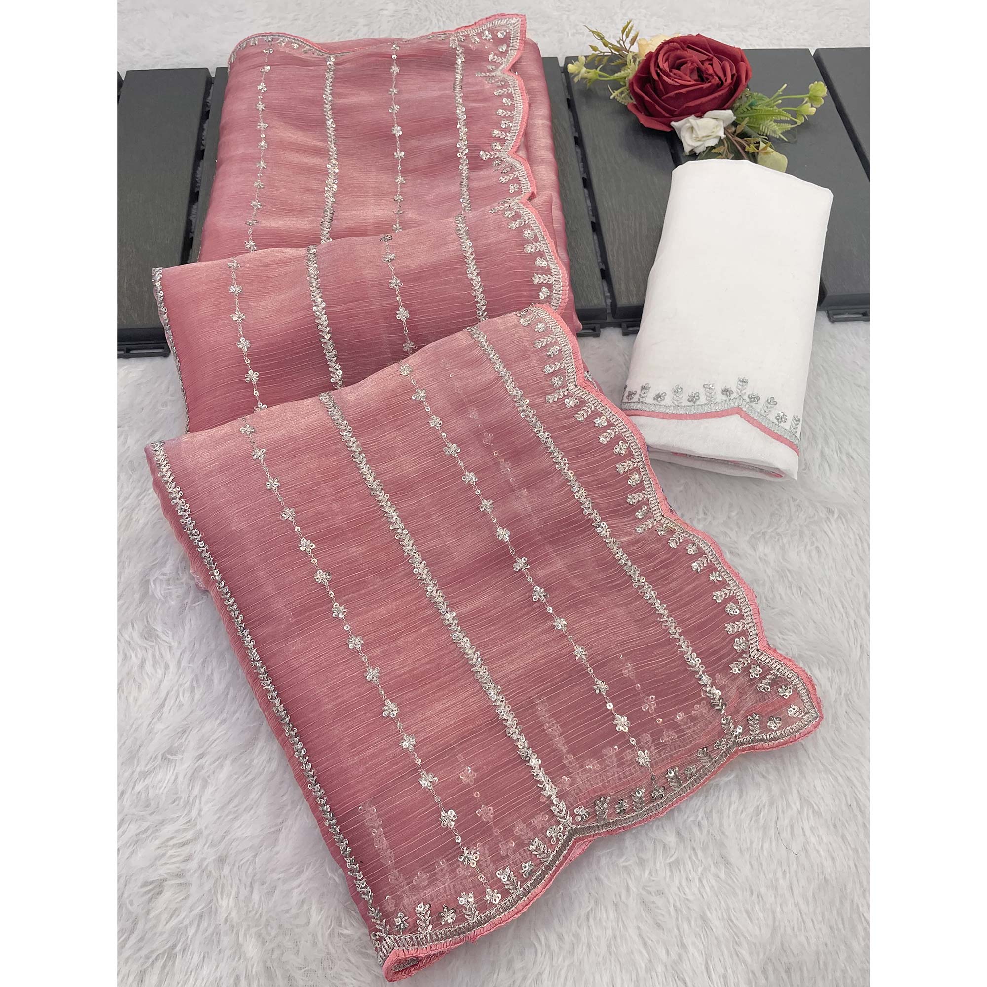 Peach Sequins Work Embroidered Chiffon Saree