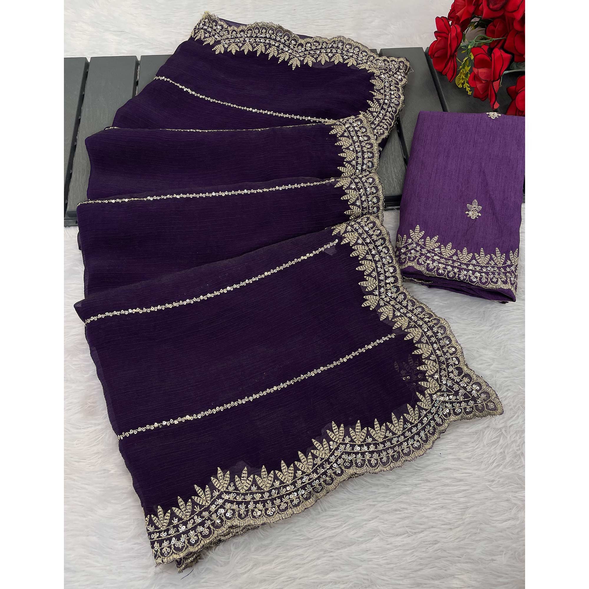 Purple Sequins Work Embroidered Chiffon Saree