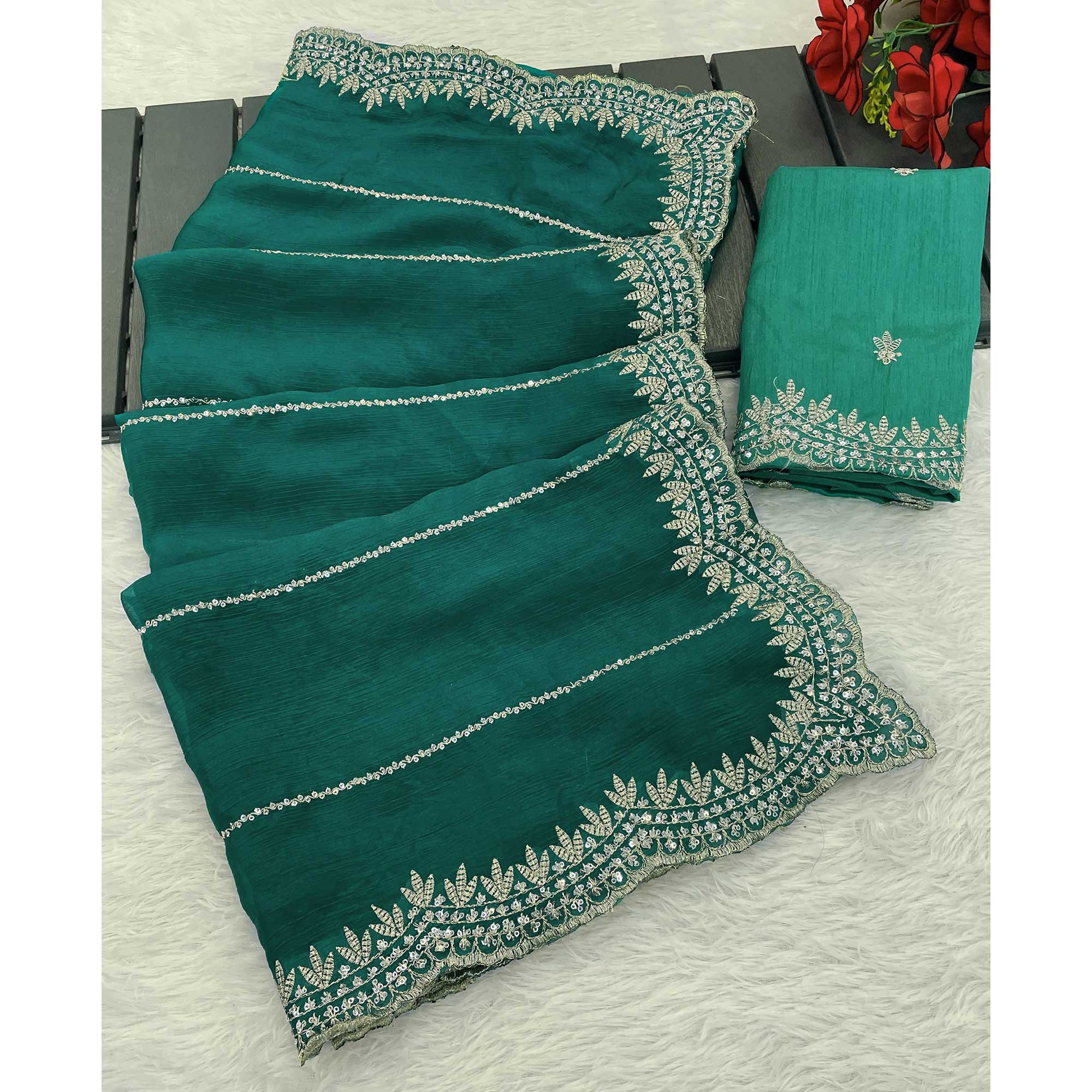 Rama Green Sequins Work Embroidered Chiffon Saree