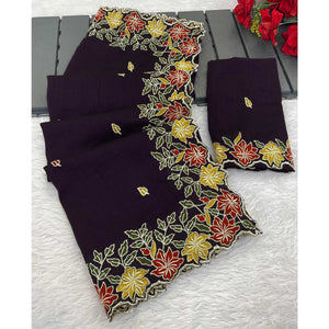 Purple Floral Embroidered Vichitra Silk Saree