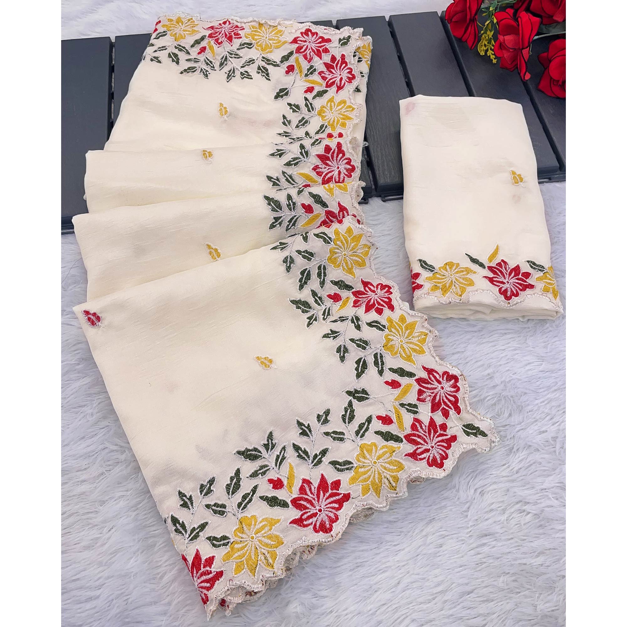 White Floral Embroidered Vichitra Silk Saree