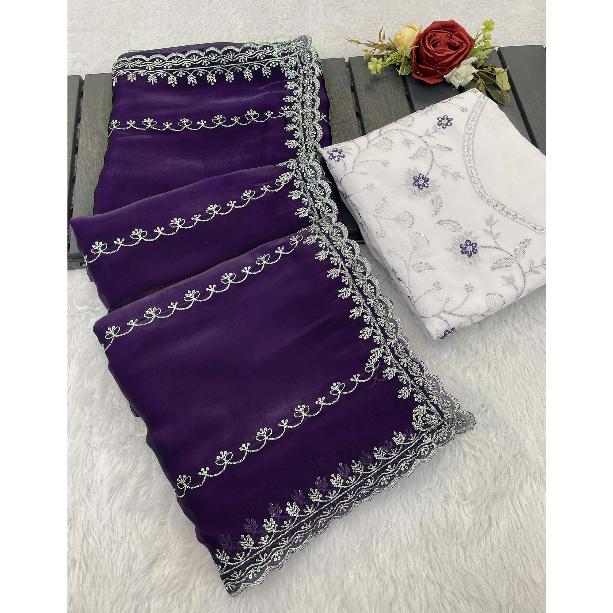 Purple Sequins Embroidered Satin Saree