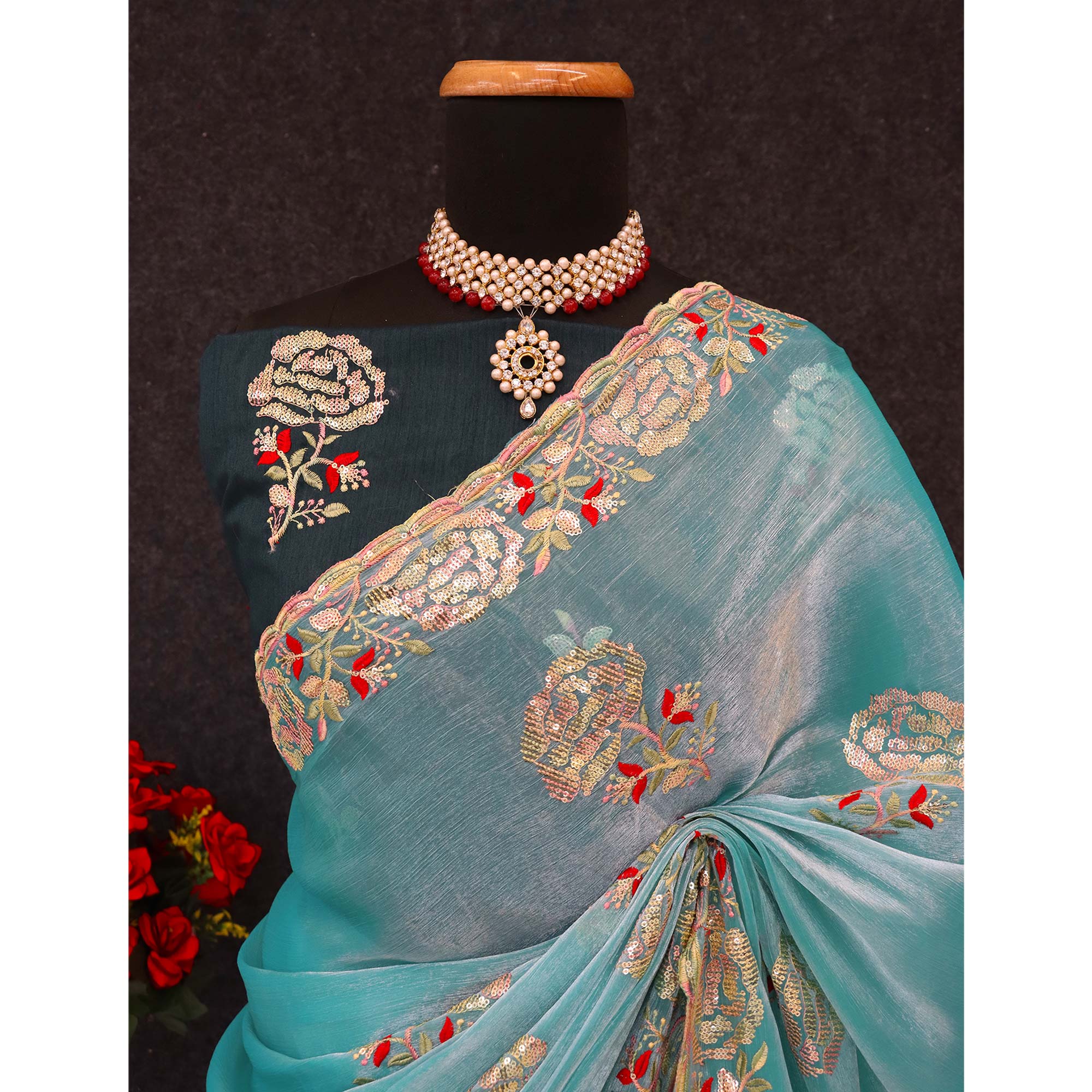 Sky Blue Sequins Work Embroidered Chiffon Saree