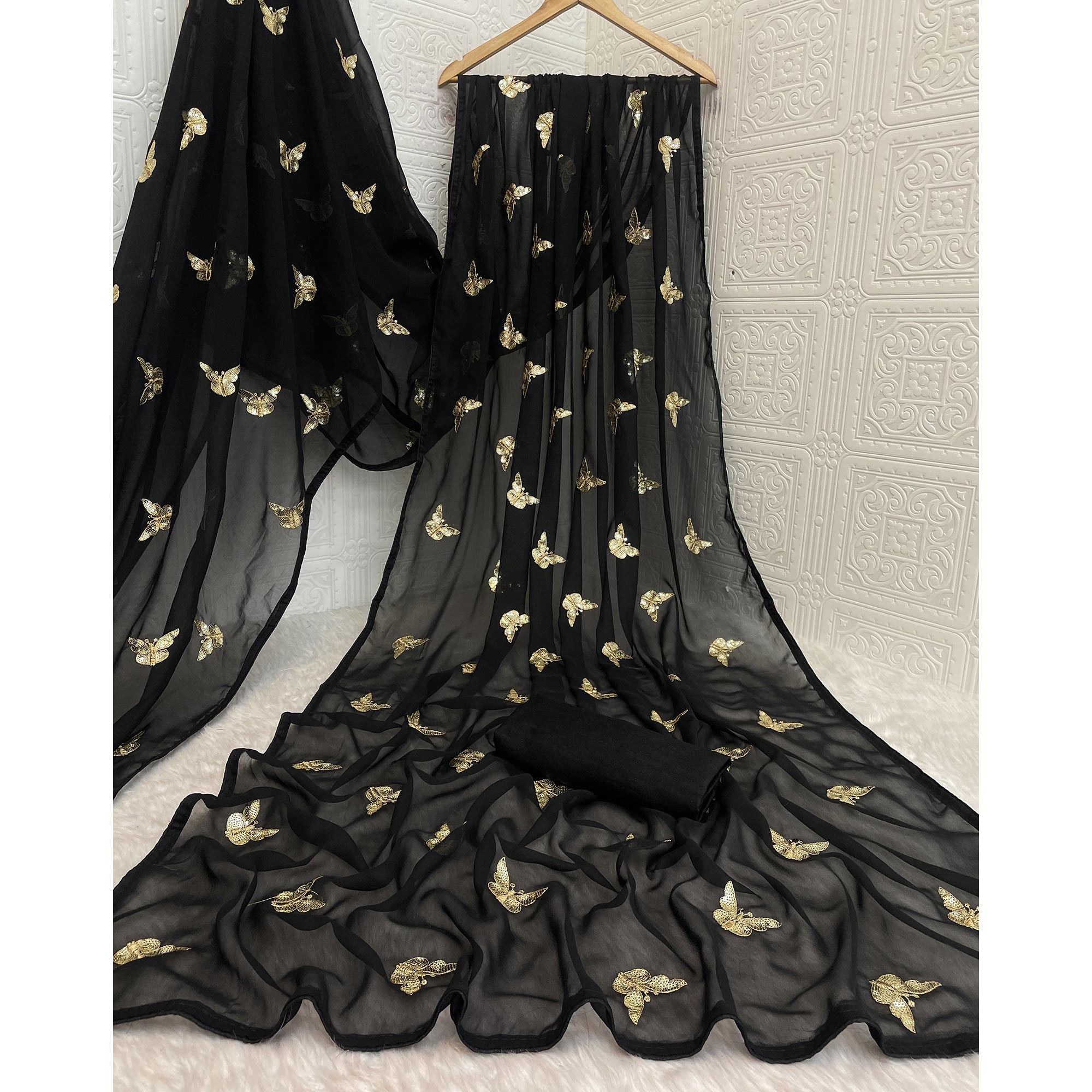 Black Embroidered Georgette Saree With Shimmering Butterfly Sequin Work