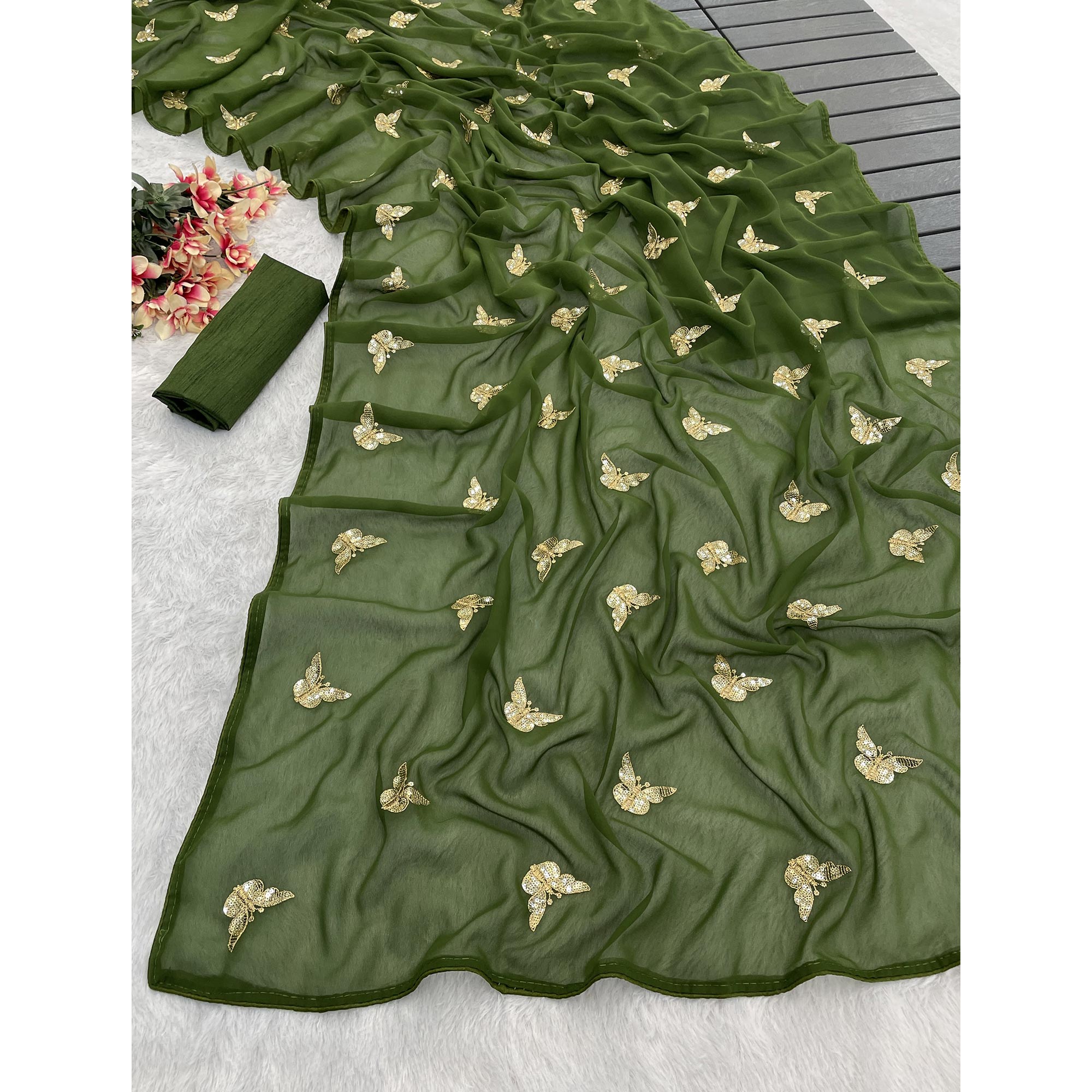 Mehendi Green Embroidered Georgette Saree With Shimmering Butterfly Sequin Work