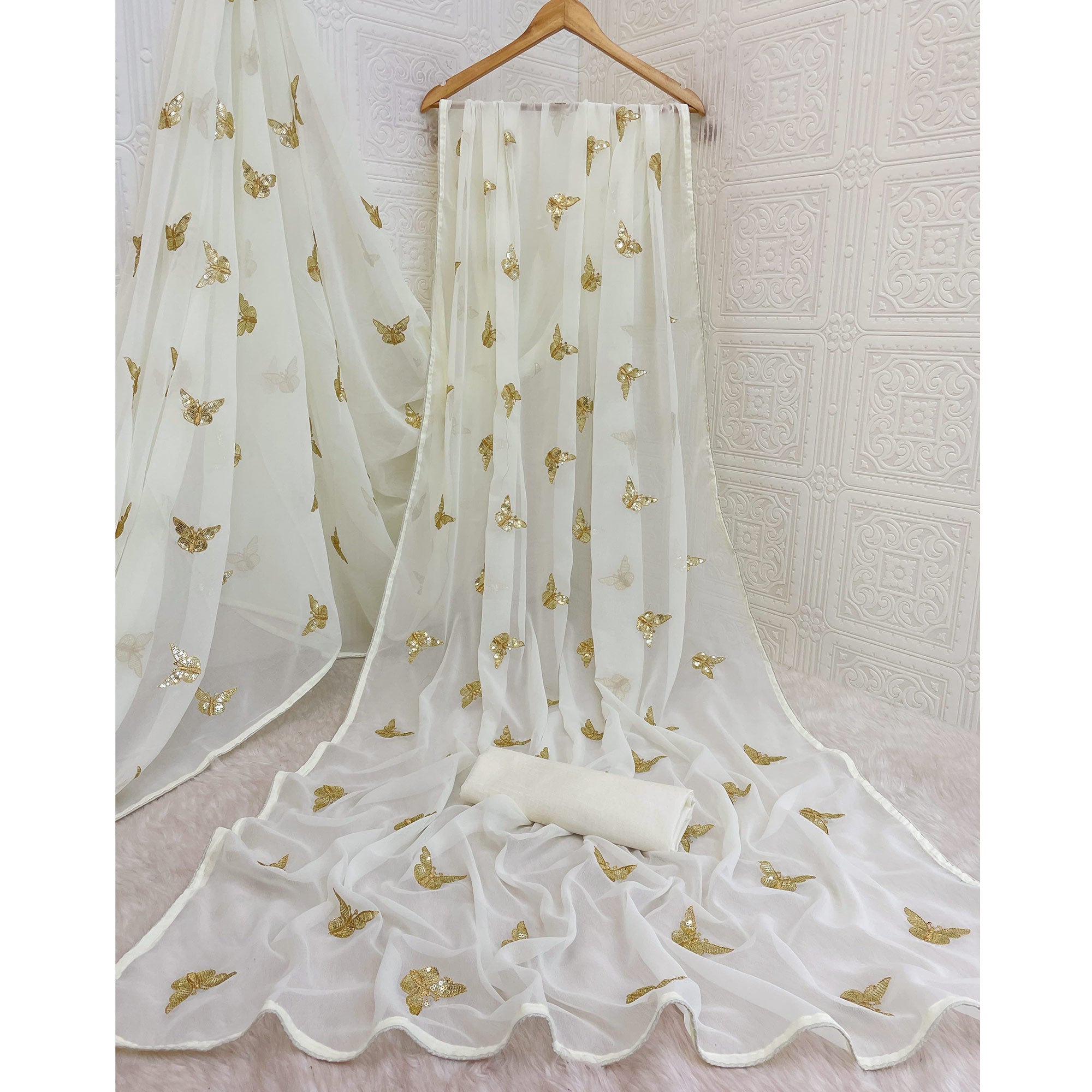 Offwhite Embroidered Georgette Saree With Shimmering Butterfly Sequin Work