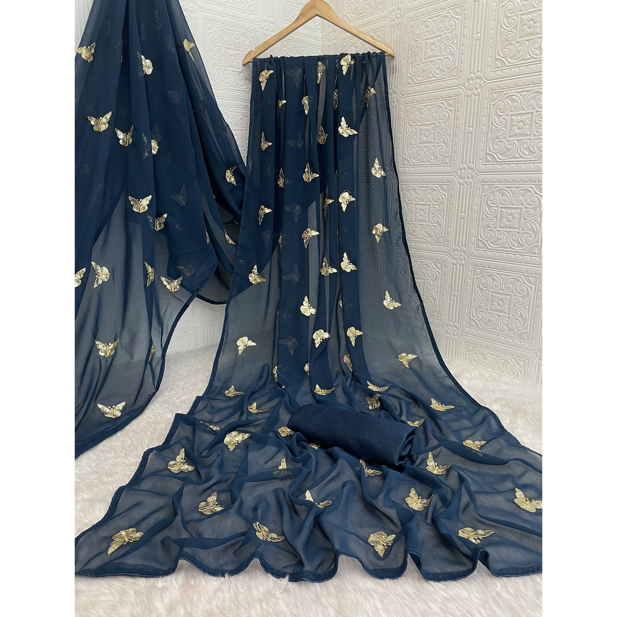 Blue Embroidered Georgette Saree With Shimmering Butterfly Sequin Work
