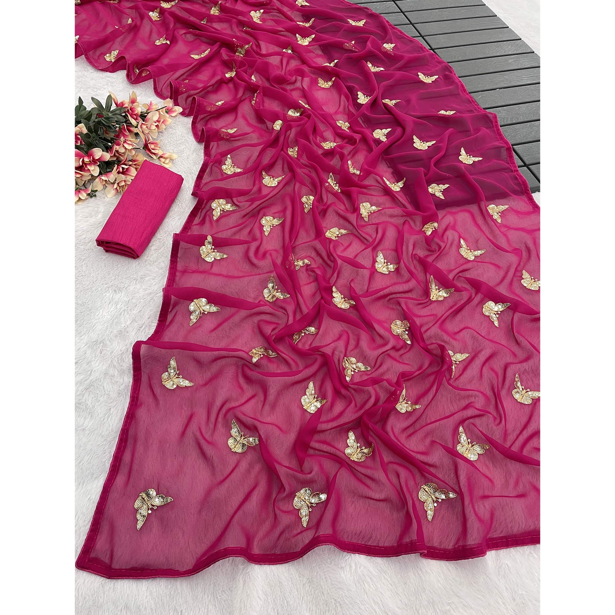 Pink Embroidered Georgette Saree With Shimmering Butterfly Sequin Work