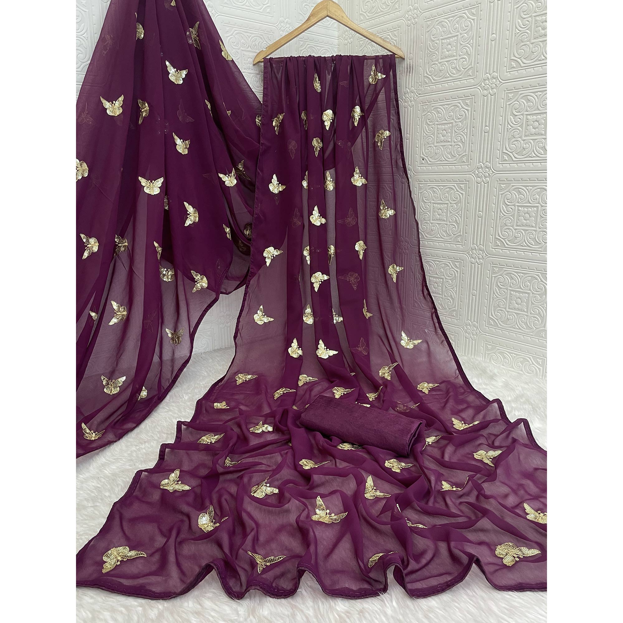 Wine Embroidered Georgette Saree With Shimmering Butterfly Sequin Work