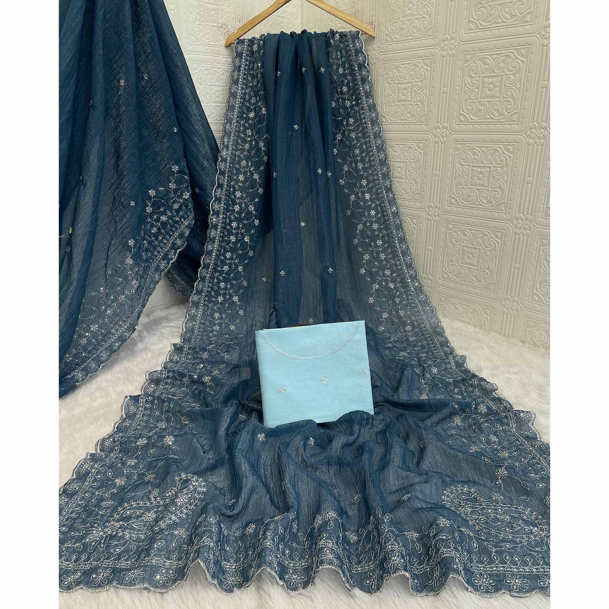 Dusty Blue Silk Blend Crush Saree Adorned With Floral Thread Embroidery & Sequins