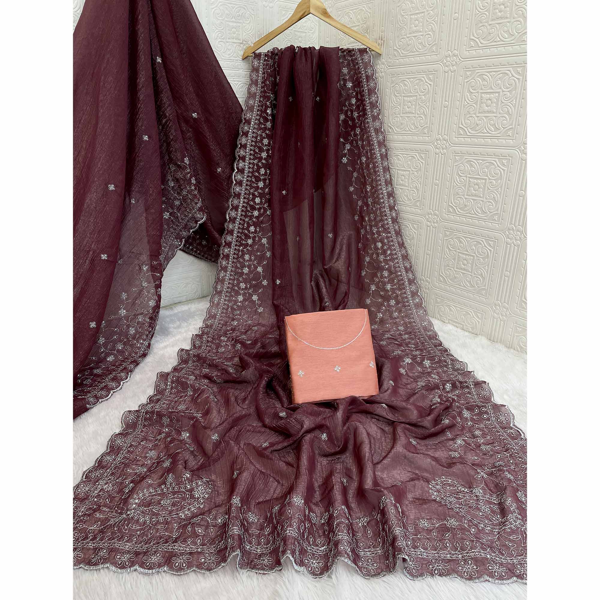 Dusty Maroon Silk Blend Crush Saree Adorned With Floral Thread Embroidery & Sequins