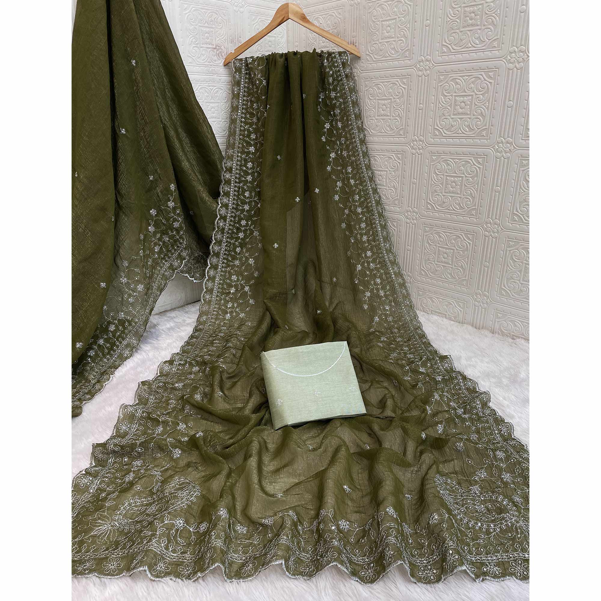Mehendi Green Silk Blend Crush Saree Adorned With Floral Thread Embroidery & Sequins