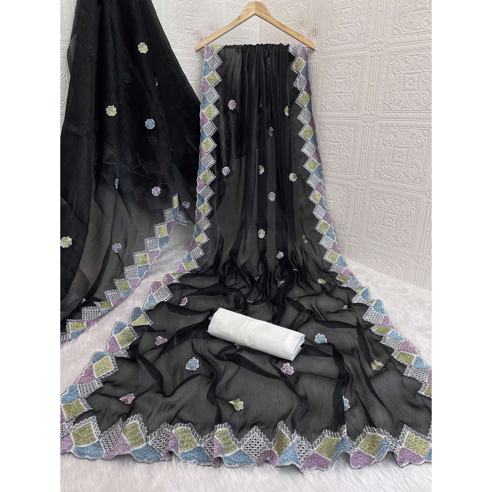Elegant Black Chiffon Silk Saree Adorned With Delicate Floral Sequin Work