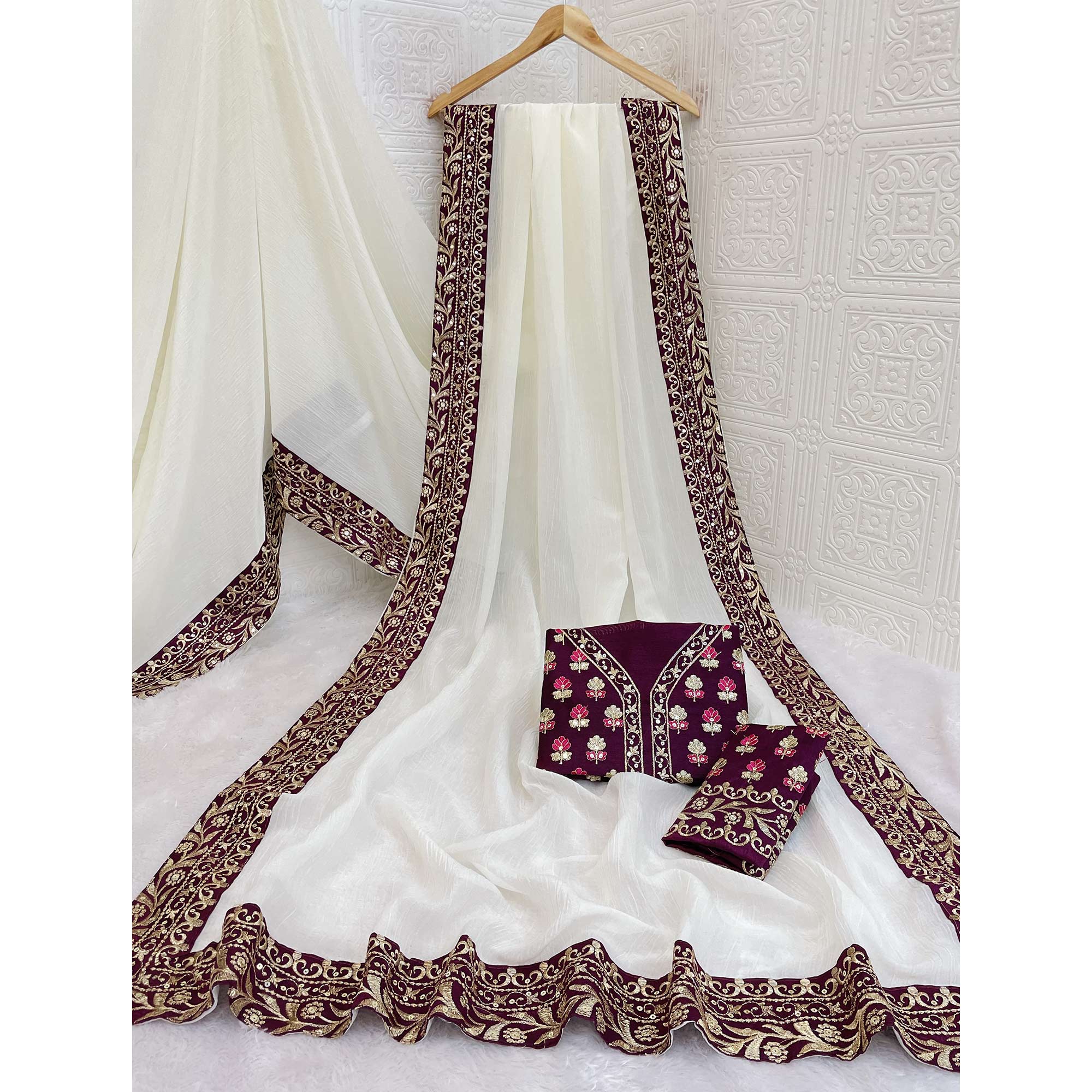 Offwhite Solid Crunchy Silk Blend Saree With Sequins Embroidery Border Work