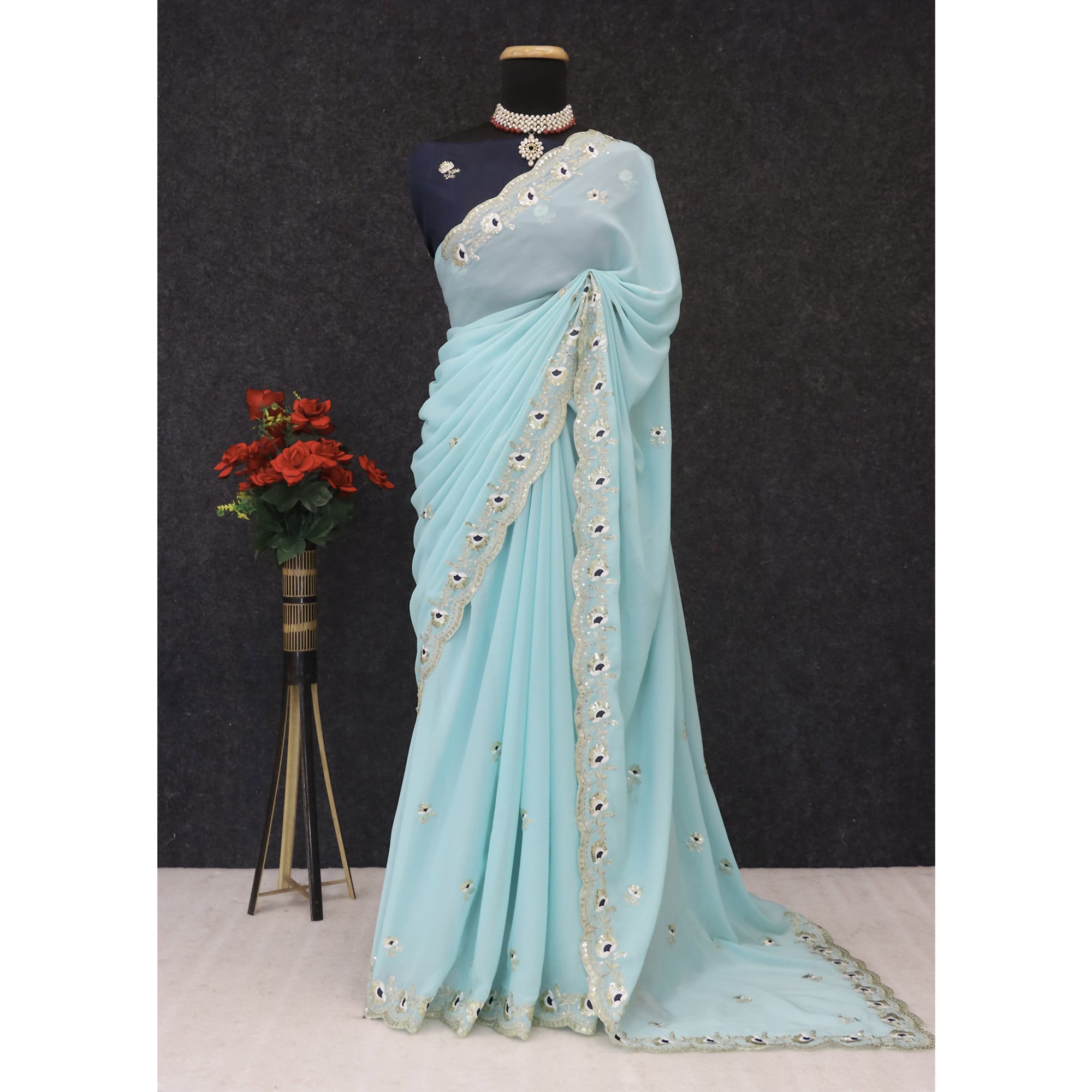 Blue Georgette Silk Saree With Floral Sequin Embroidery & Graceful Cutwork Detailing Border