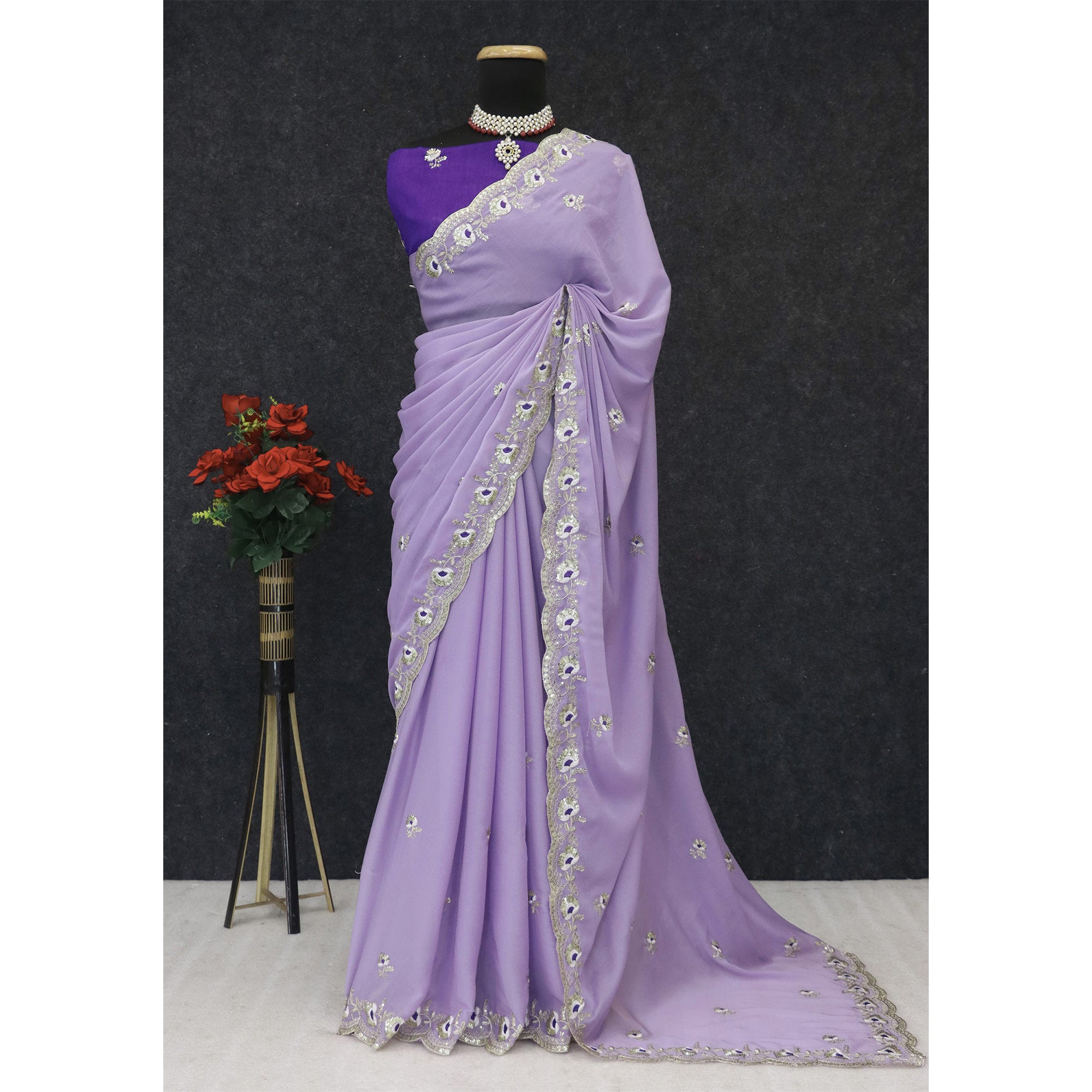 Lavender Georgette Silk Saree With Floral Sequin Embroidery & Graceful Cutwork Detailing Border