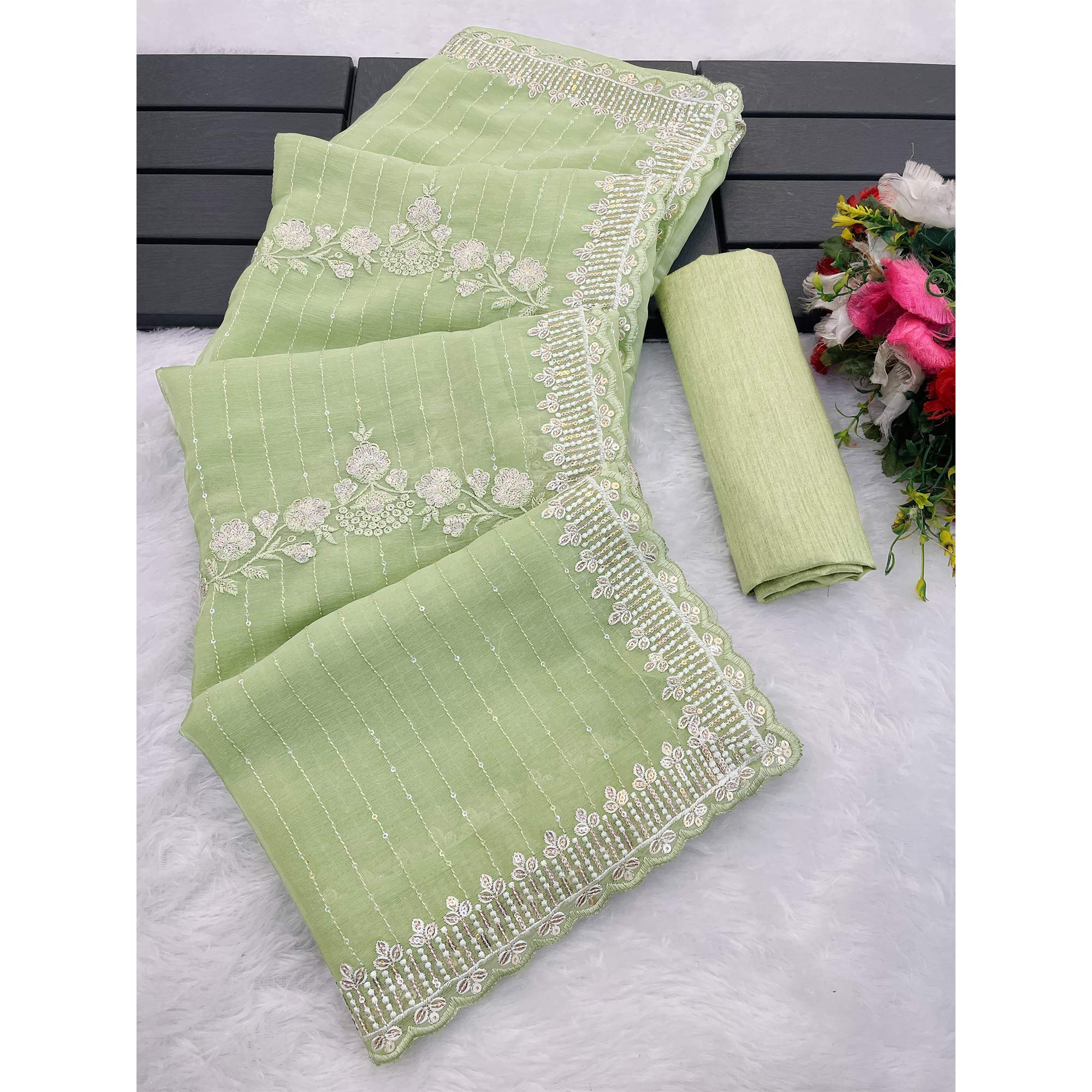 Green Shimmer Chiffon Saree with Floral Sequin Embroidery & Fine Cutwork Detailing