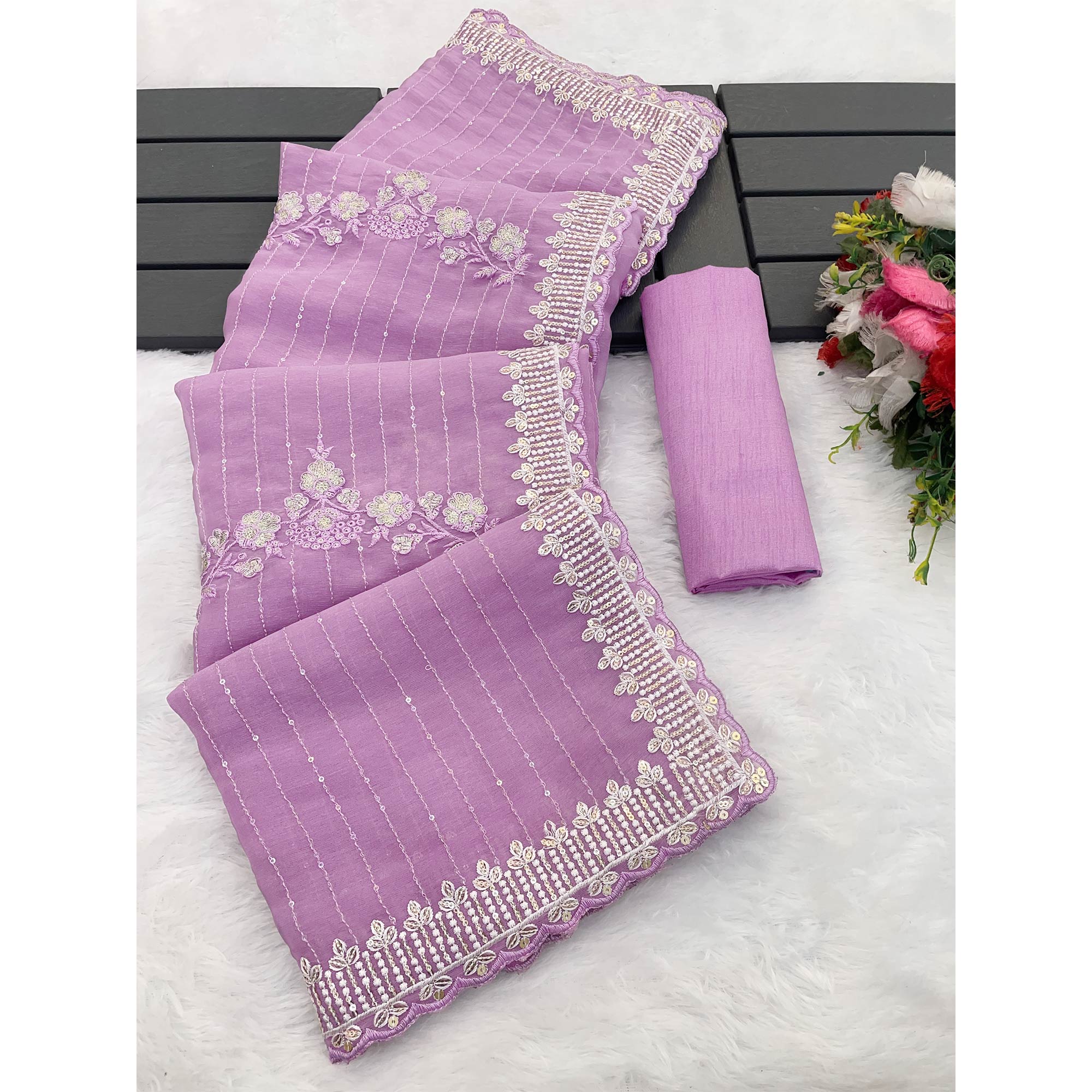 Light Purple Shimmer Chiffon Saree with Floral Sequin Embroidery & Elegant Cutwork Border