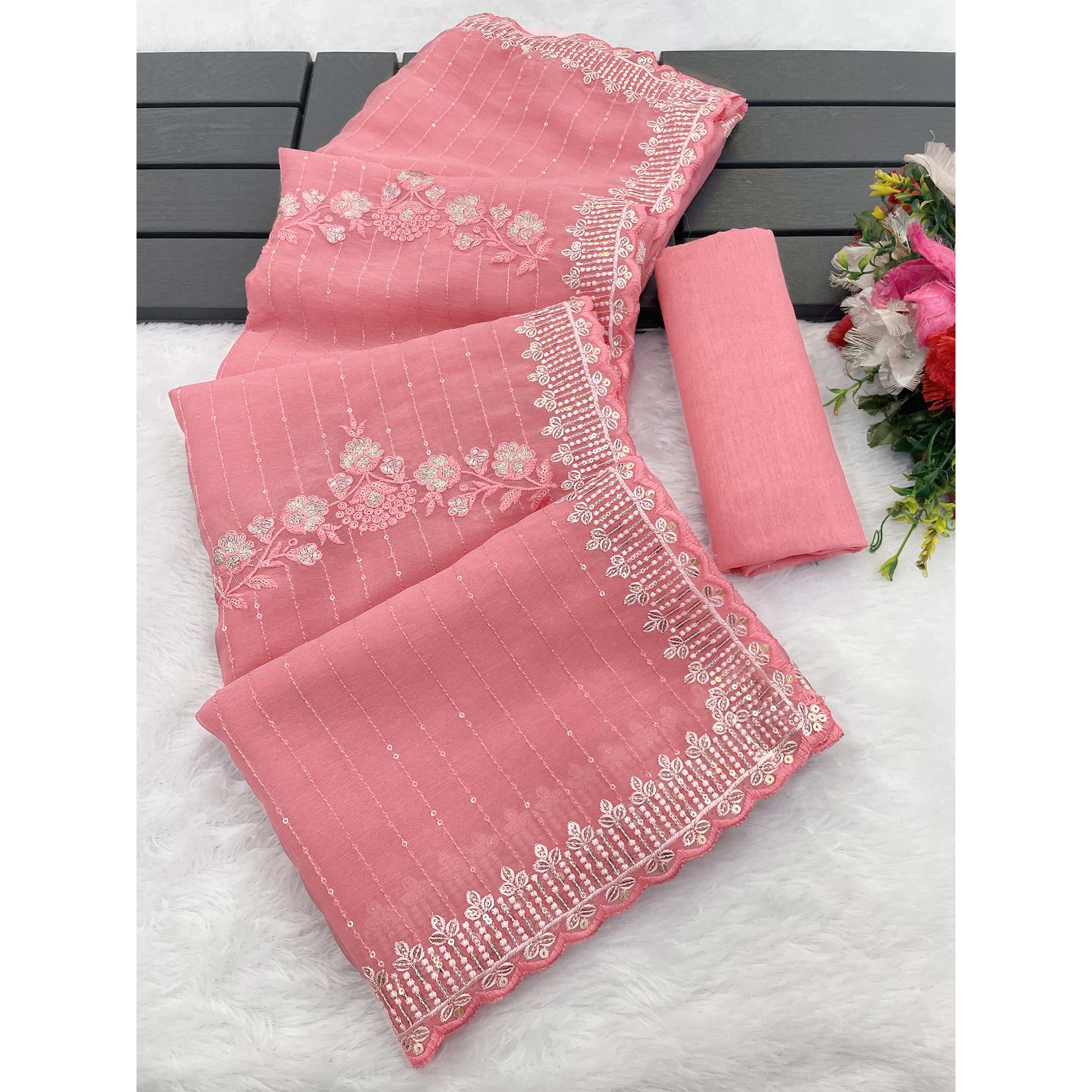 Rose Pink Shimmer Chiffon Saree with Pastel Floral Sequin Embroidery & Delicate Cutwork Border