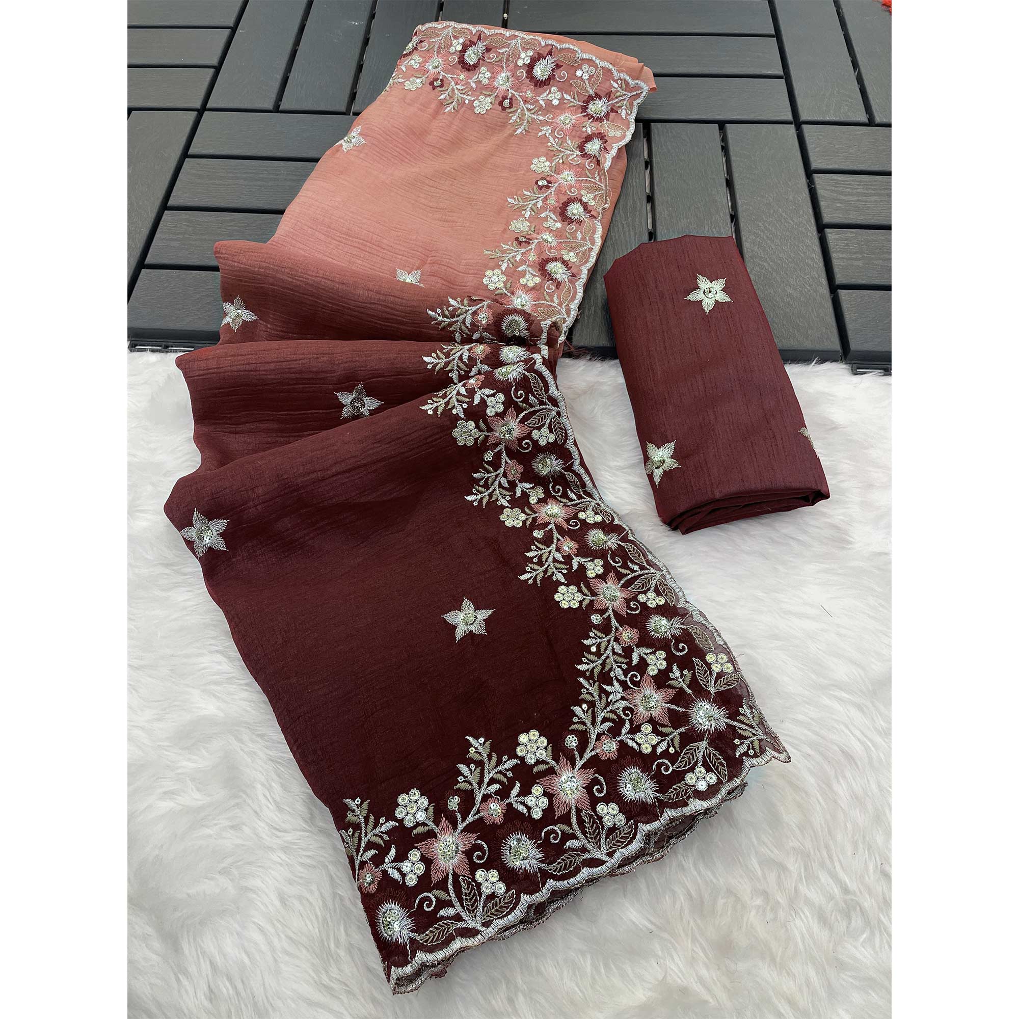 Brown Crunchy Crush Saree Featuring Floral Thread Embroidery & Sequins Embellishment