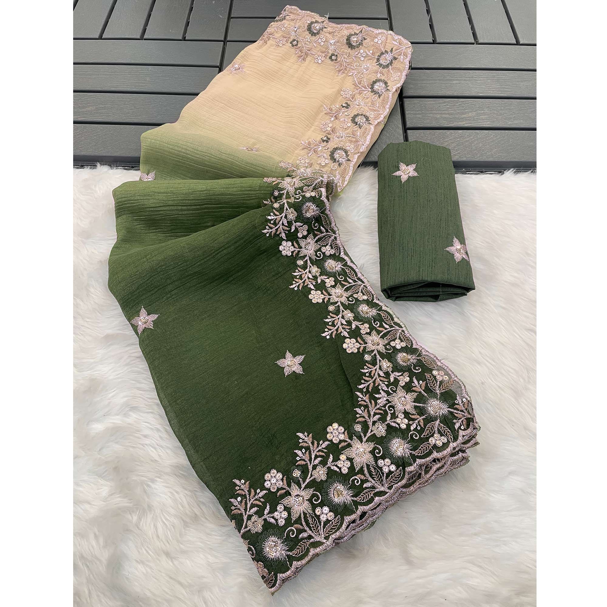 Green Crunchy Crush Saree Featuring Floral Thread Embroidery & Sequins Embellishment