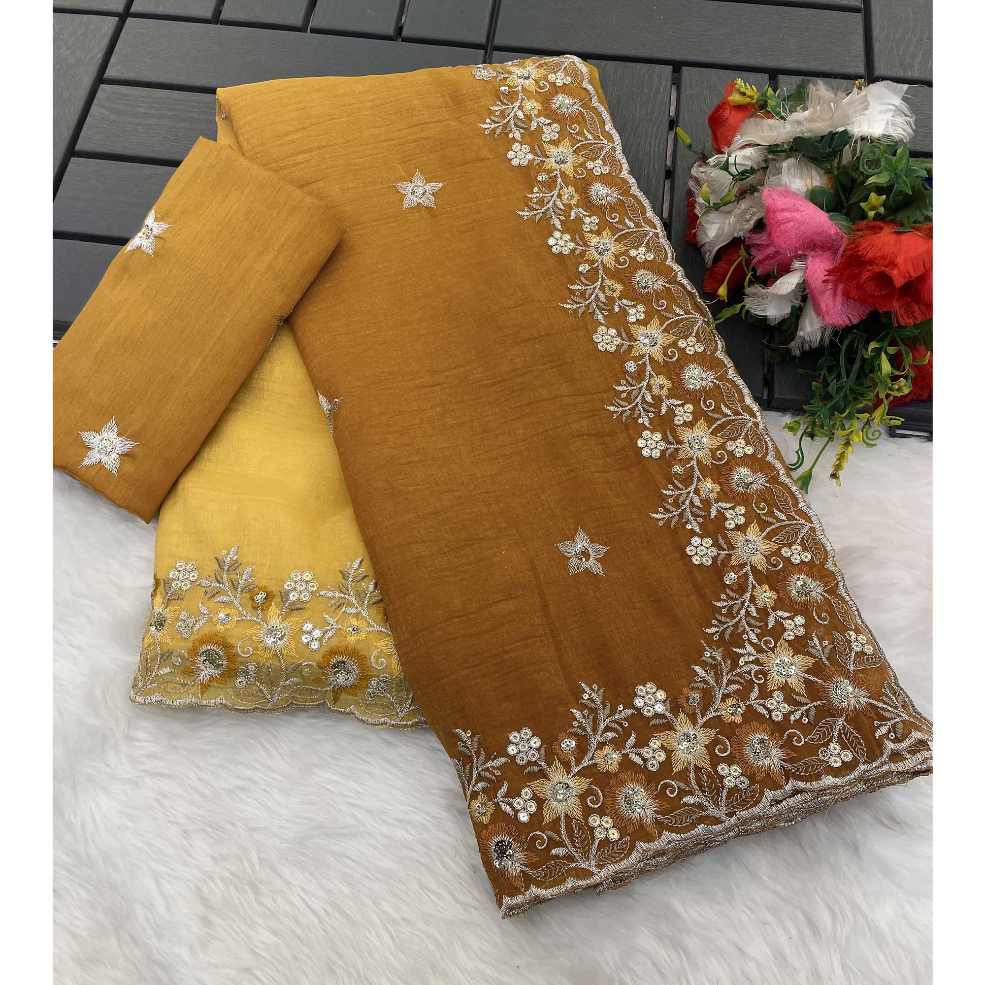 Mustard Crunchy Crush Saree Featuring Floral Thread Embroidery & Sequins Embellishment
