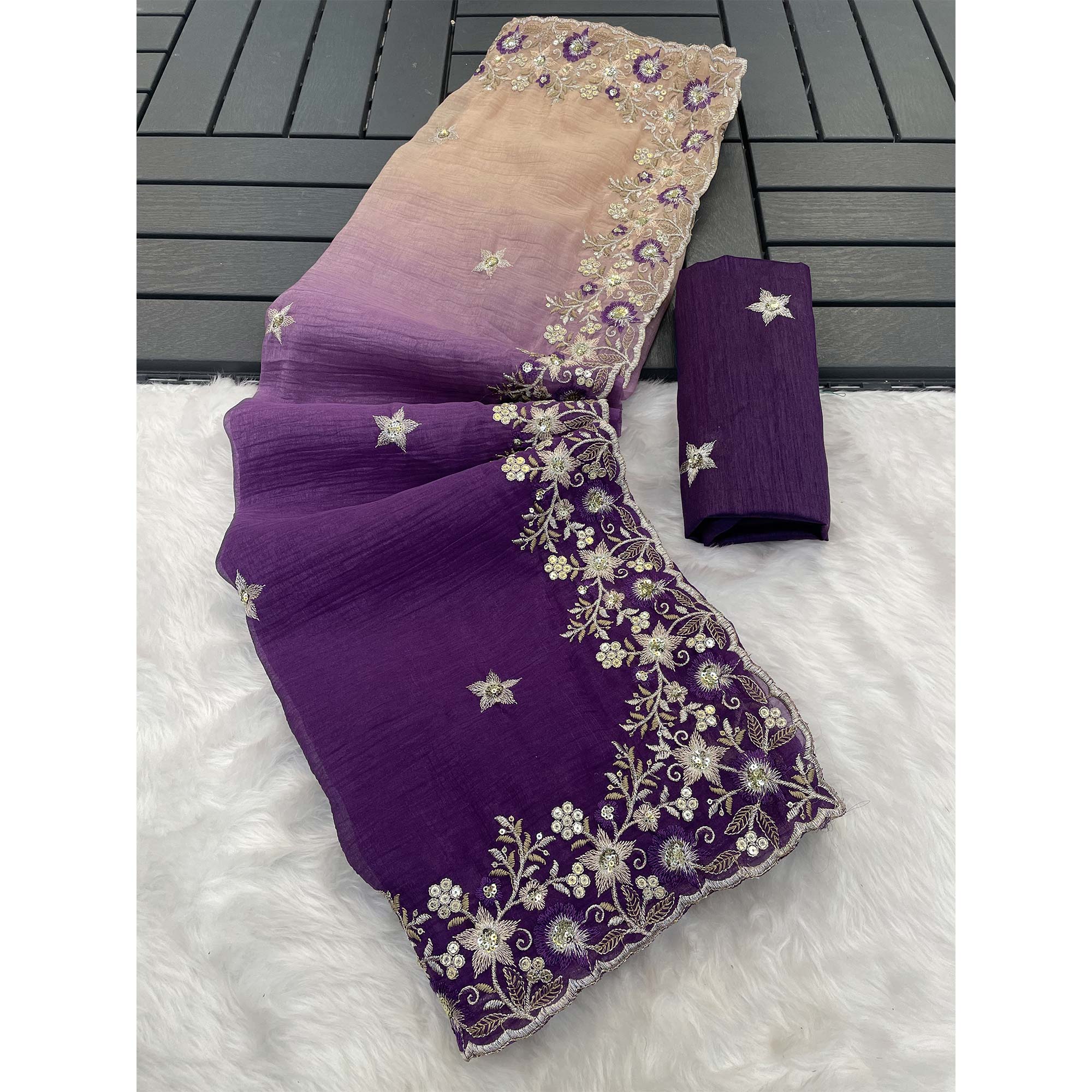 Purple Crunchy Crush Saree Featuring Floral Thread Embroidery & Sequins Embellishment