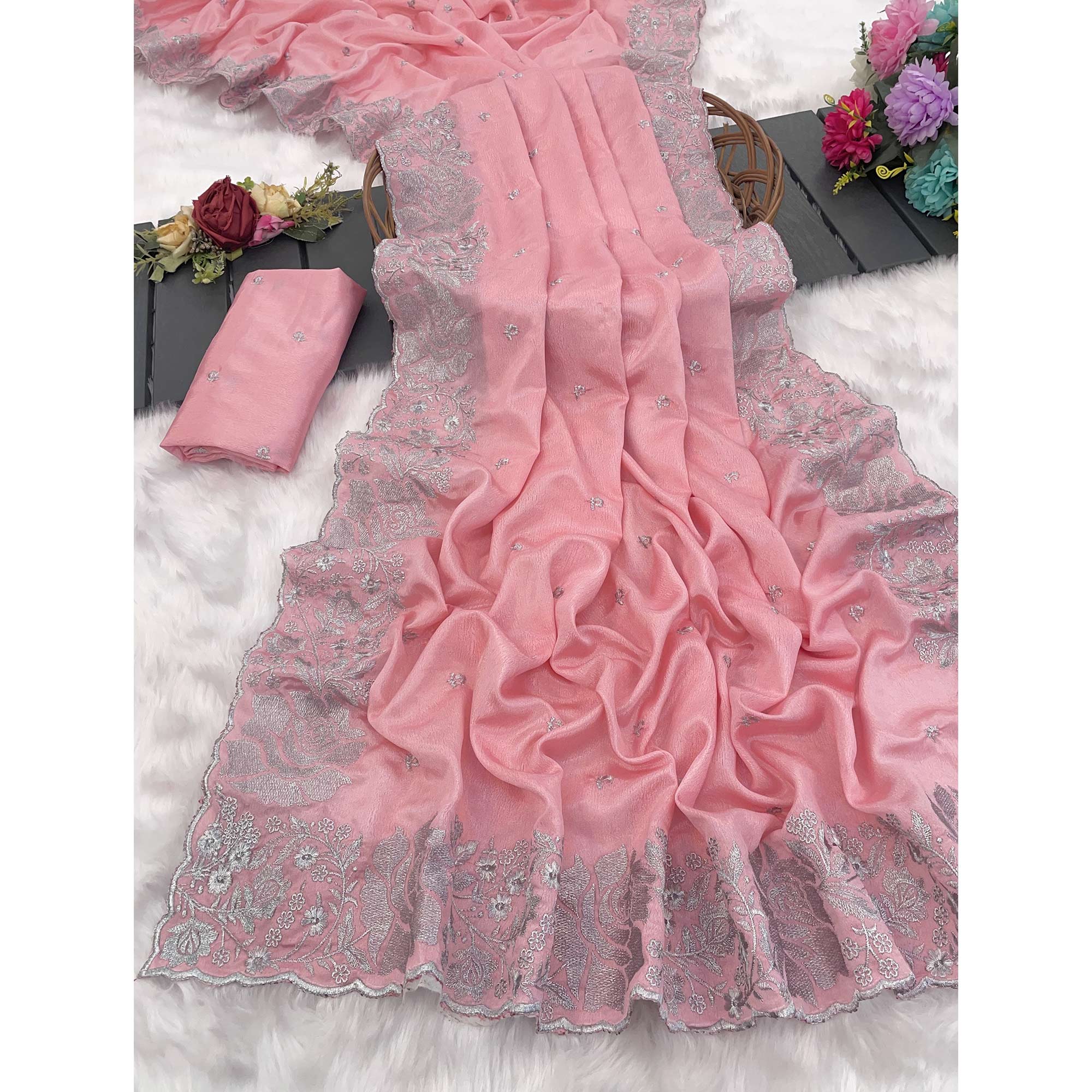 Graceful Baby Pink Chinon Chiffon Saree With Intricate Floral Zari Embroidery