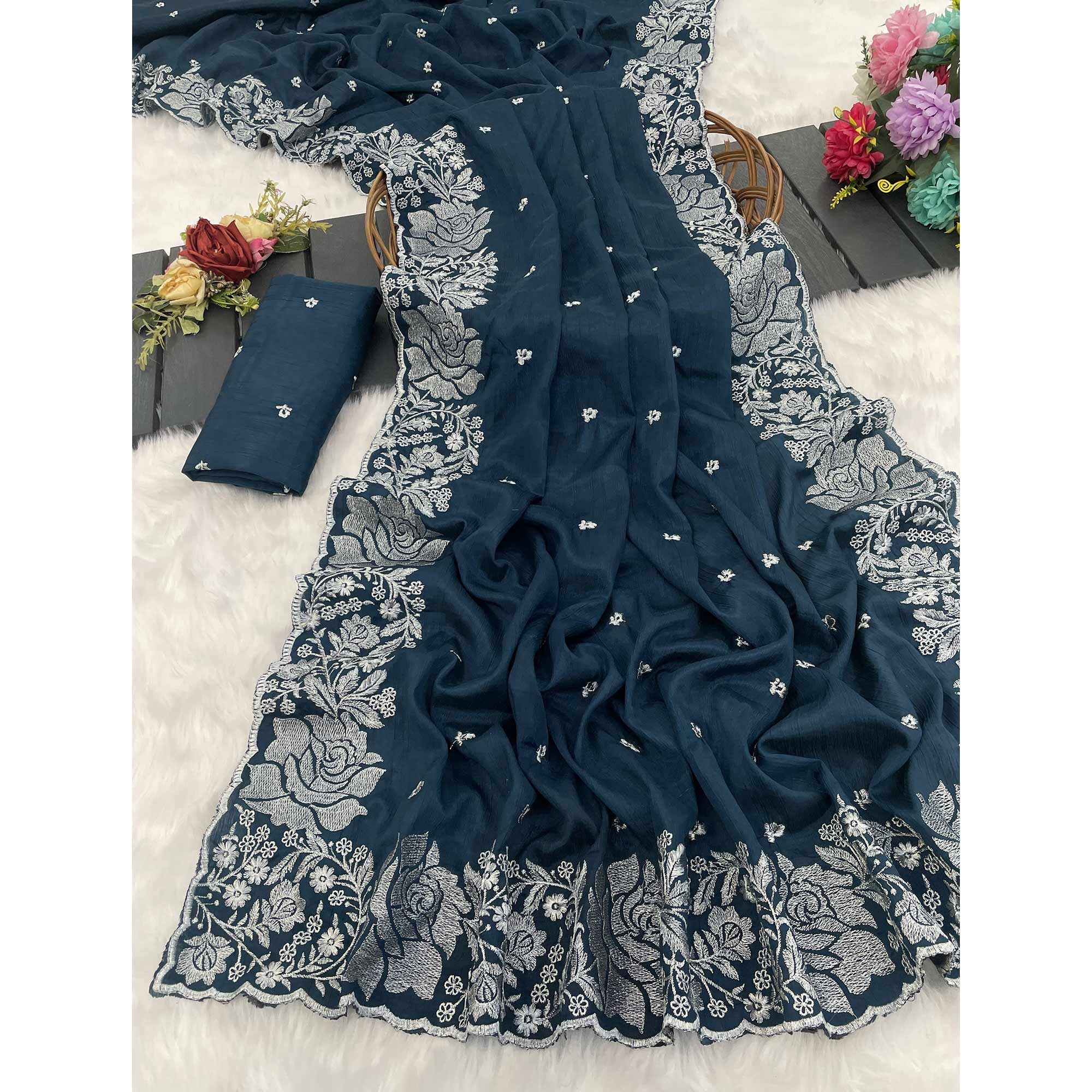Dark Teal Blue Chinon Chiffon Saree With Graceful Floral Zari Embroidery