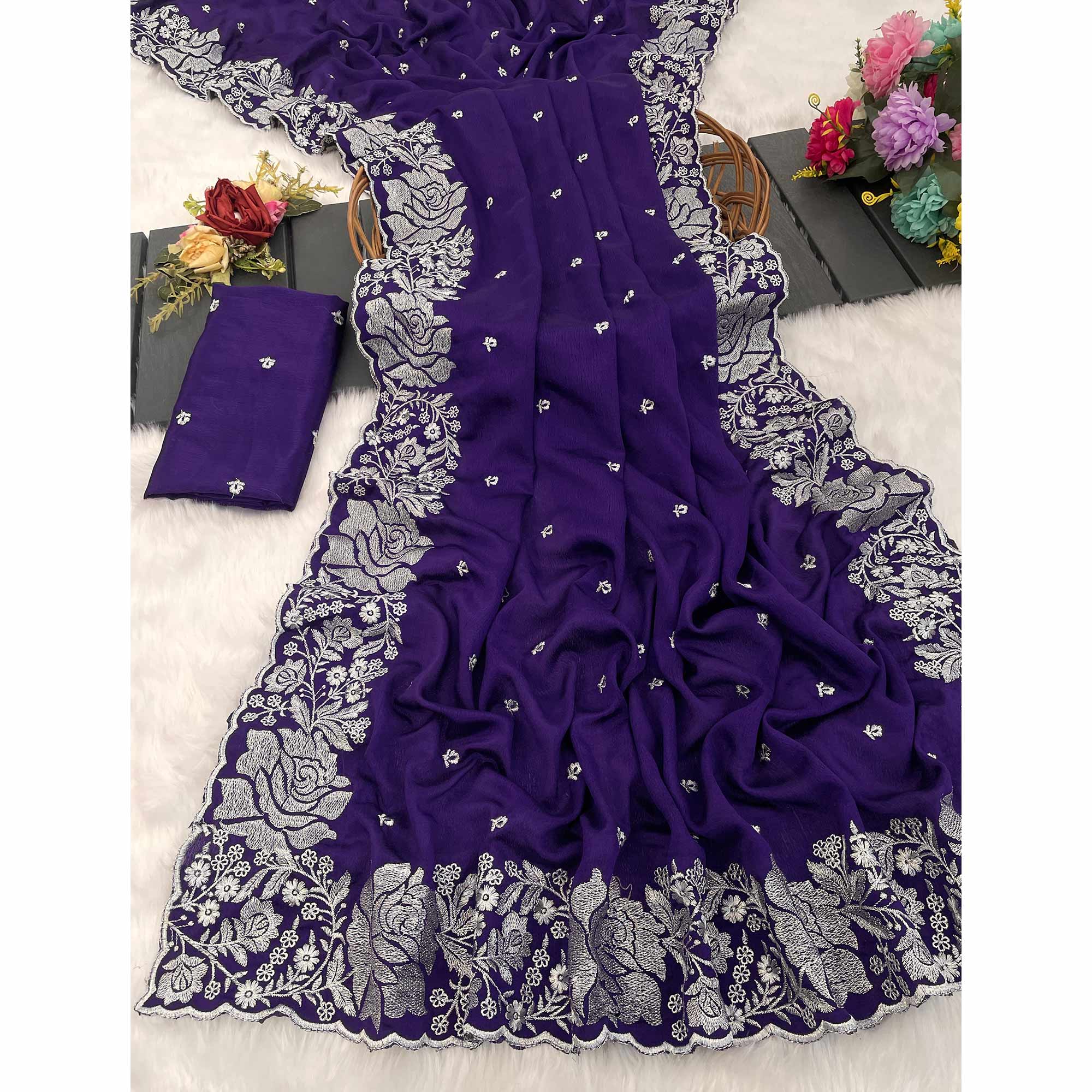 Luxurious Royal Purple Saree Adorned With Delicate Floral Zari Work On Chinon Chiffon