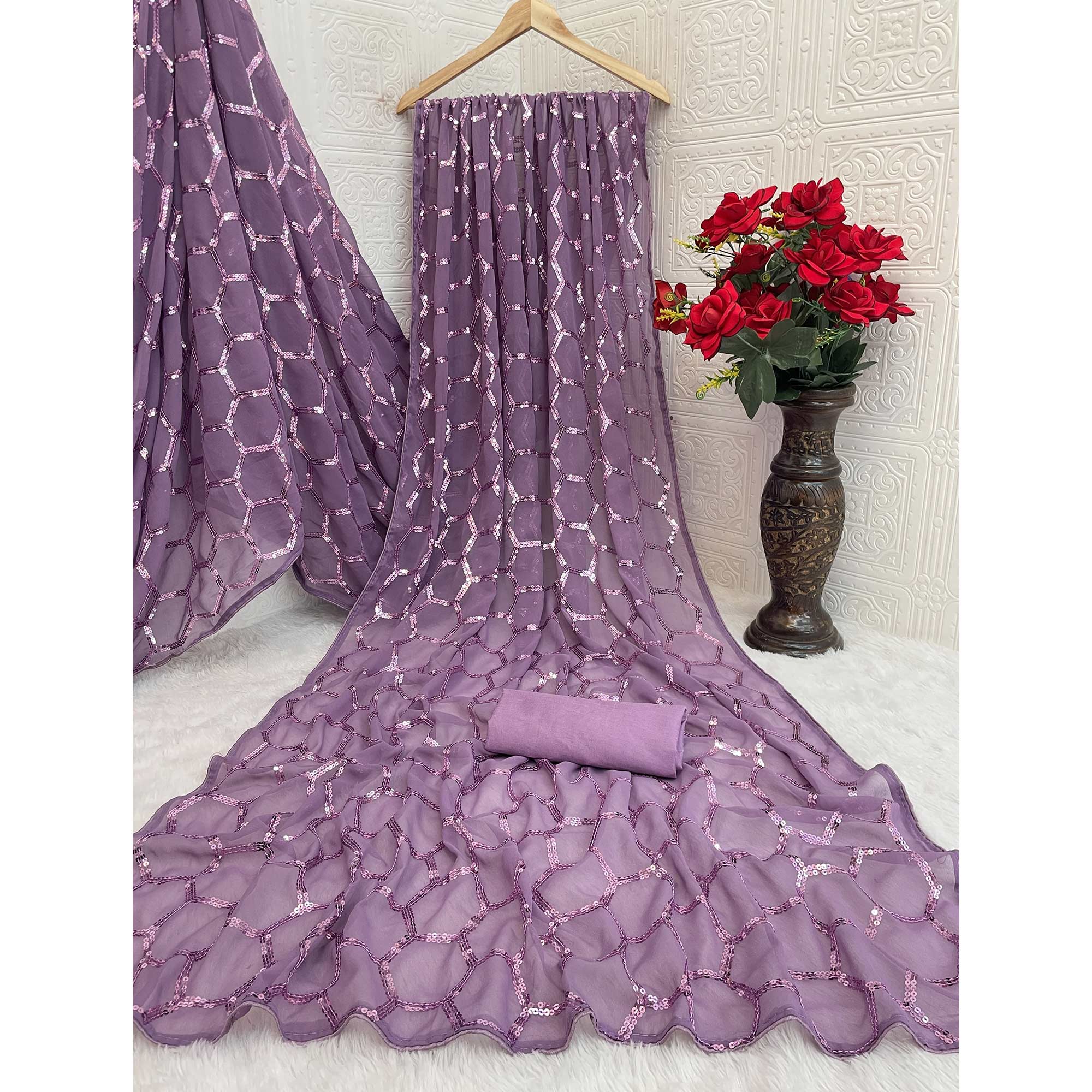 Lilac Purple Georgette Silk Saree Embellished With Sparkling Sequins Embroidery & Piping Border