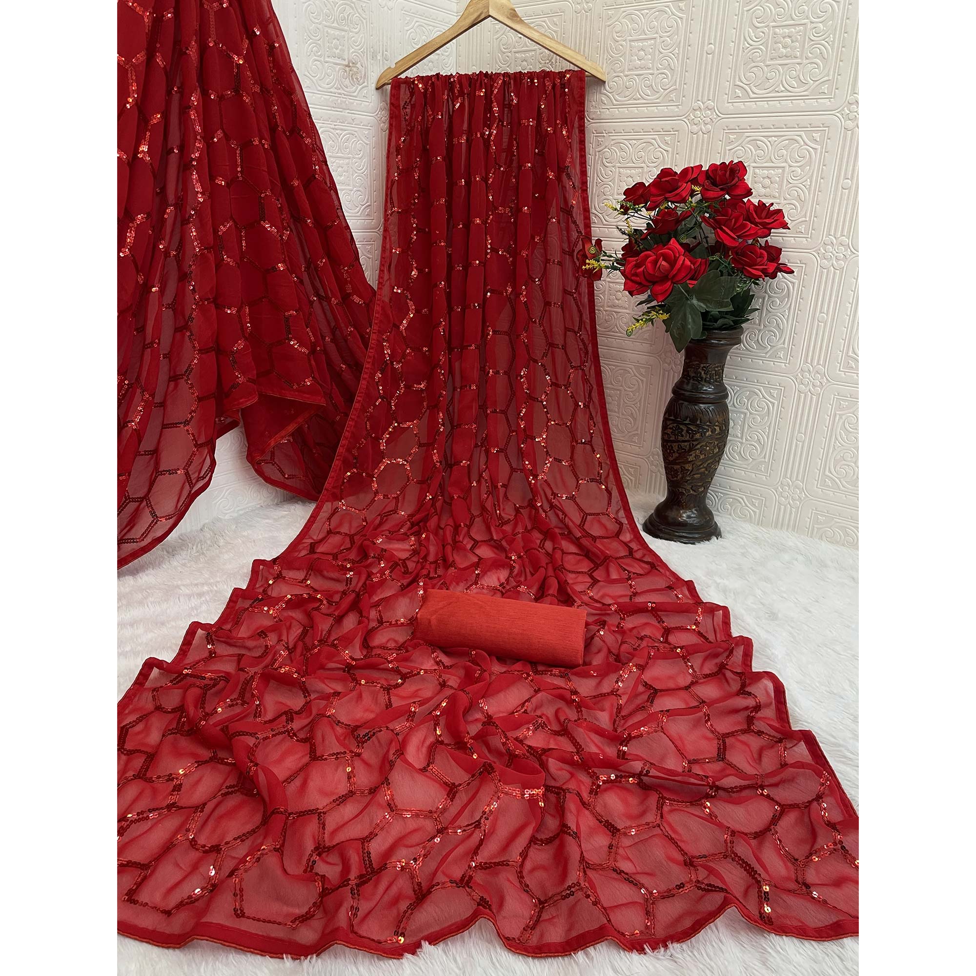 Red Georgette Silk Saree Embellished With Sparkling Sequins Embroidery & Piping Border