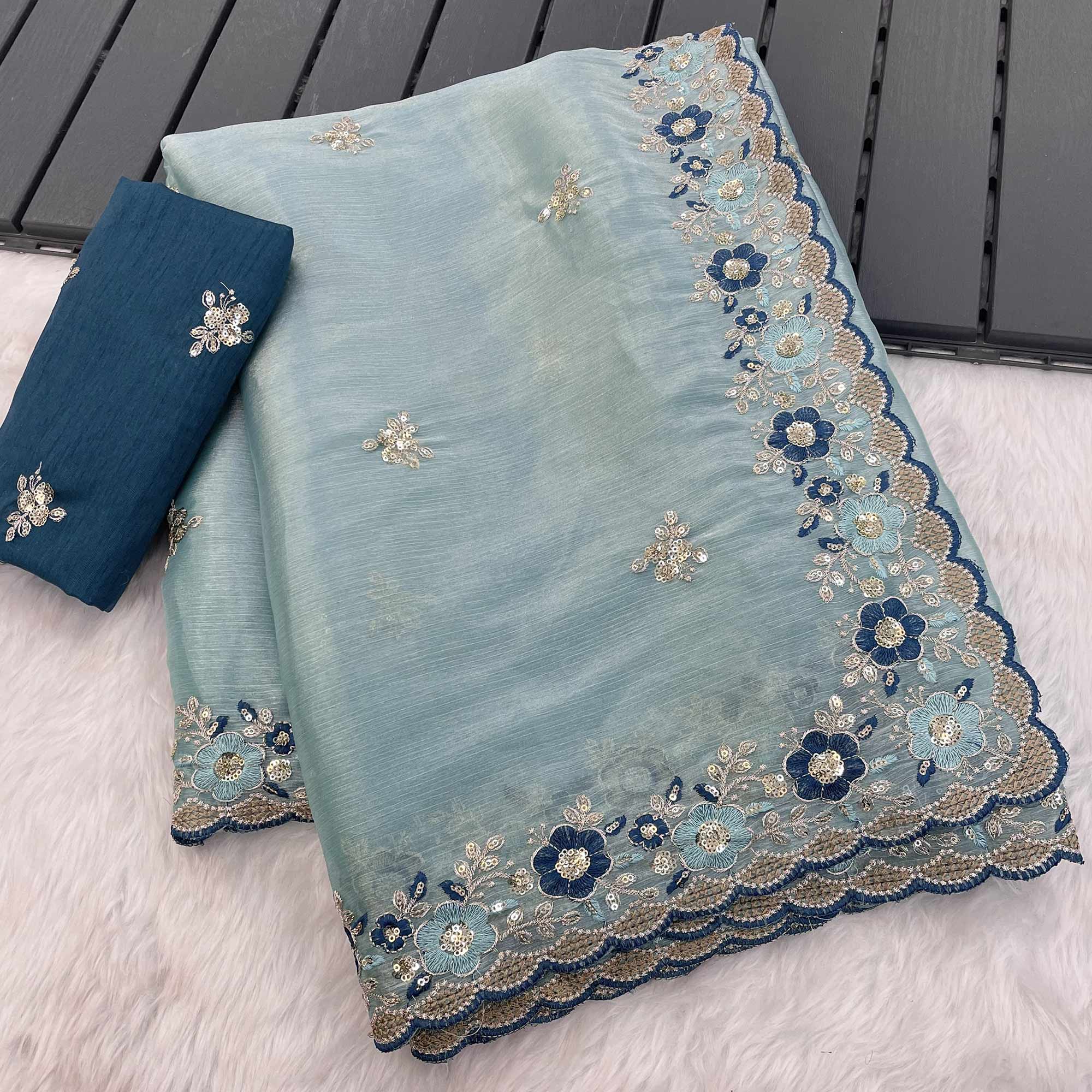 Blue Jimmy Choo Chiffon Saree Adorned With Floral Embroidery & Delicate Sequins Work