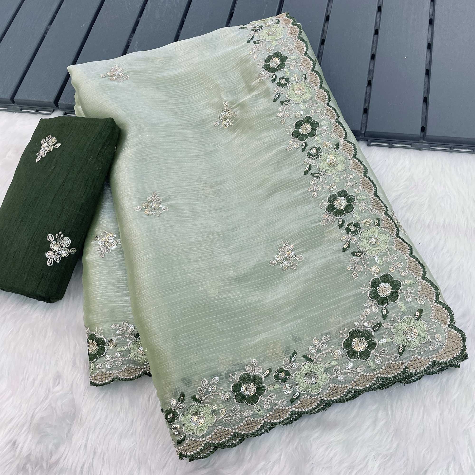 Green Jimmy Choo Chiffon Saree Adorned With Floral Embroidery & Delicate Sequins Work