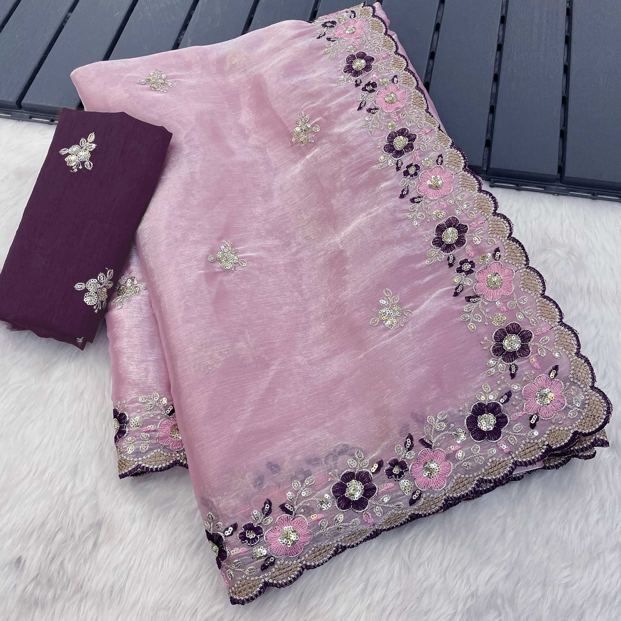 Onion Pink Jimmy Choo Chiffon Saree Adorned With Floral Embroidery & Delicate Sequins Work