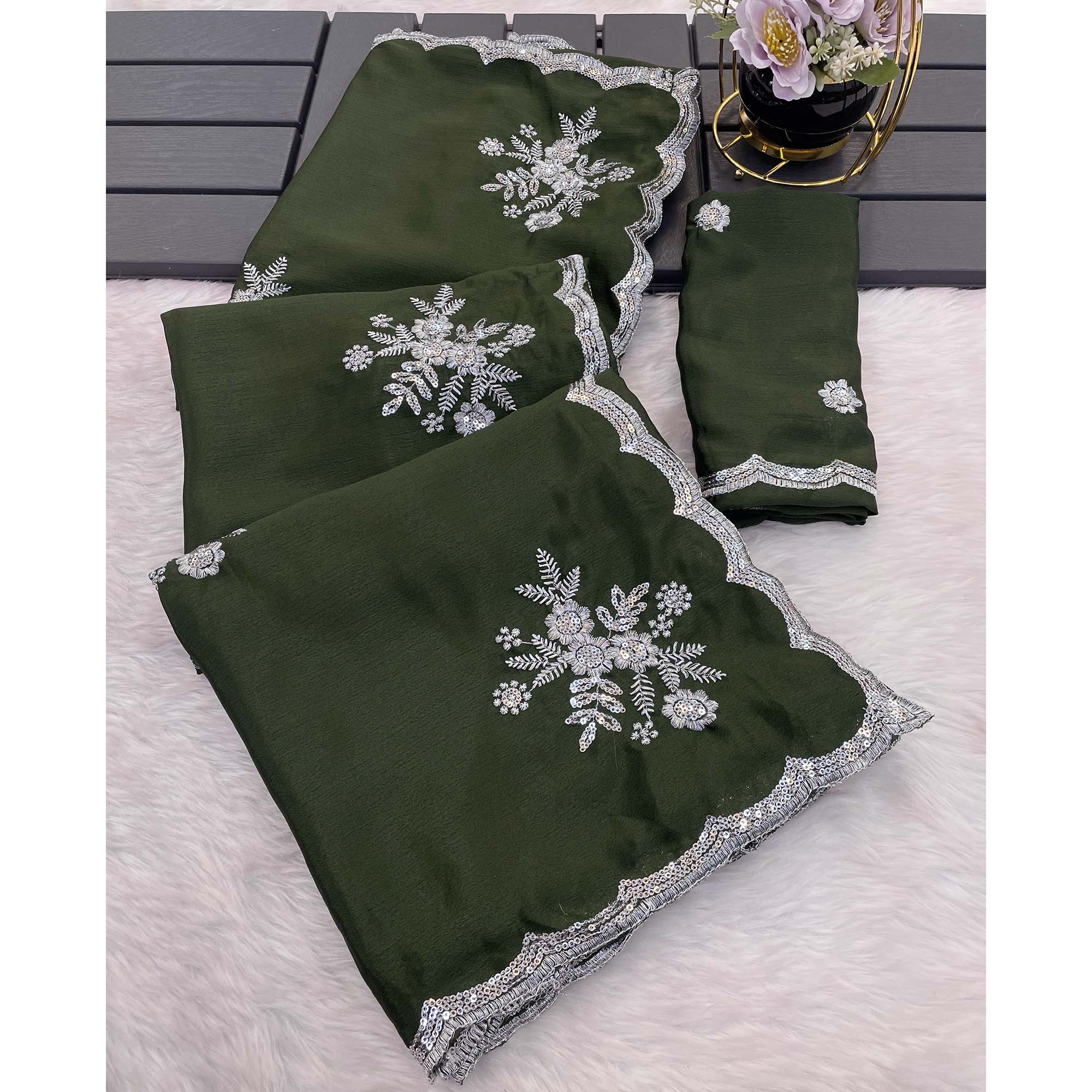 Green Chinon Saree Adorned With Zari Floral Embroidery & Gleaming Sequins Work