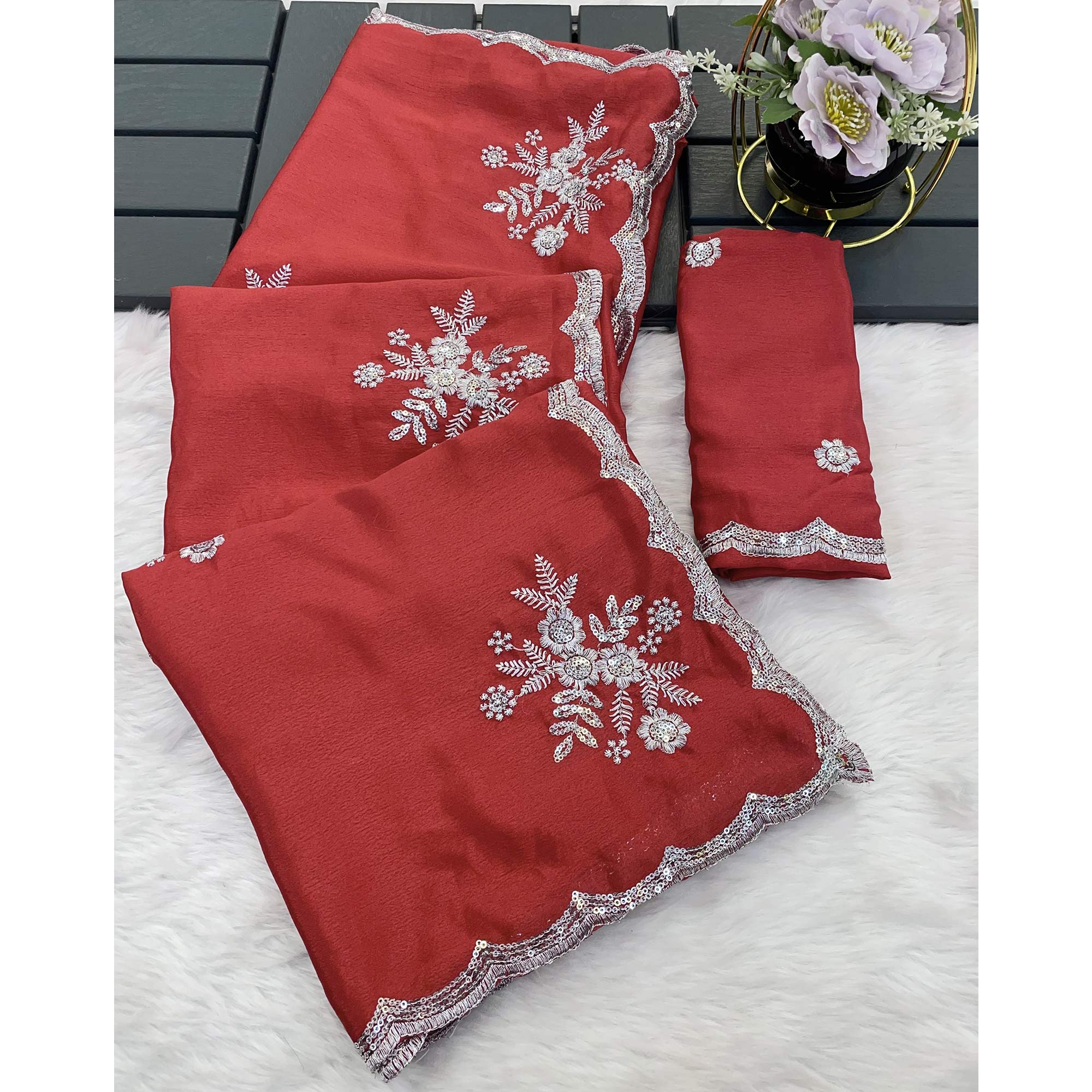 Red Chinon Saree Adorned With Zari Floral Embroidery & Gleaming Sequins Work