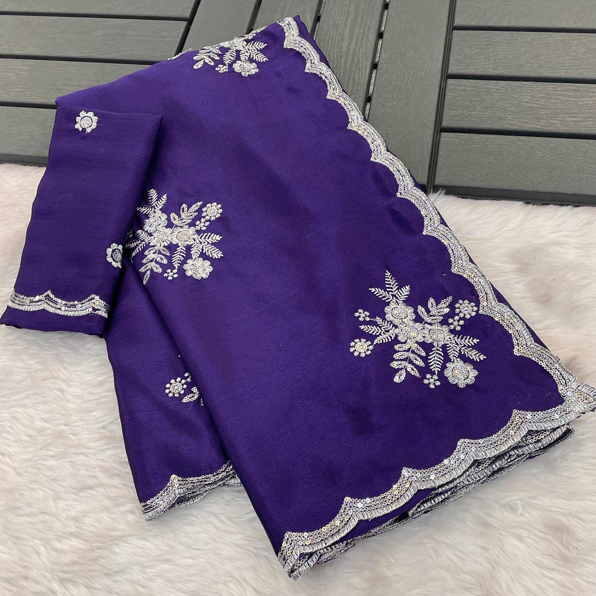 Royal Purple Chinon Saree Adorned With Zari Floral Embroidery & Gleaming Sequins Work