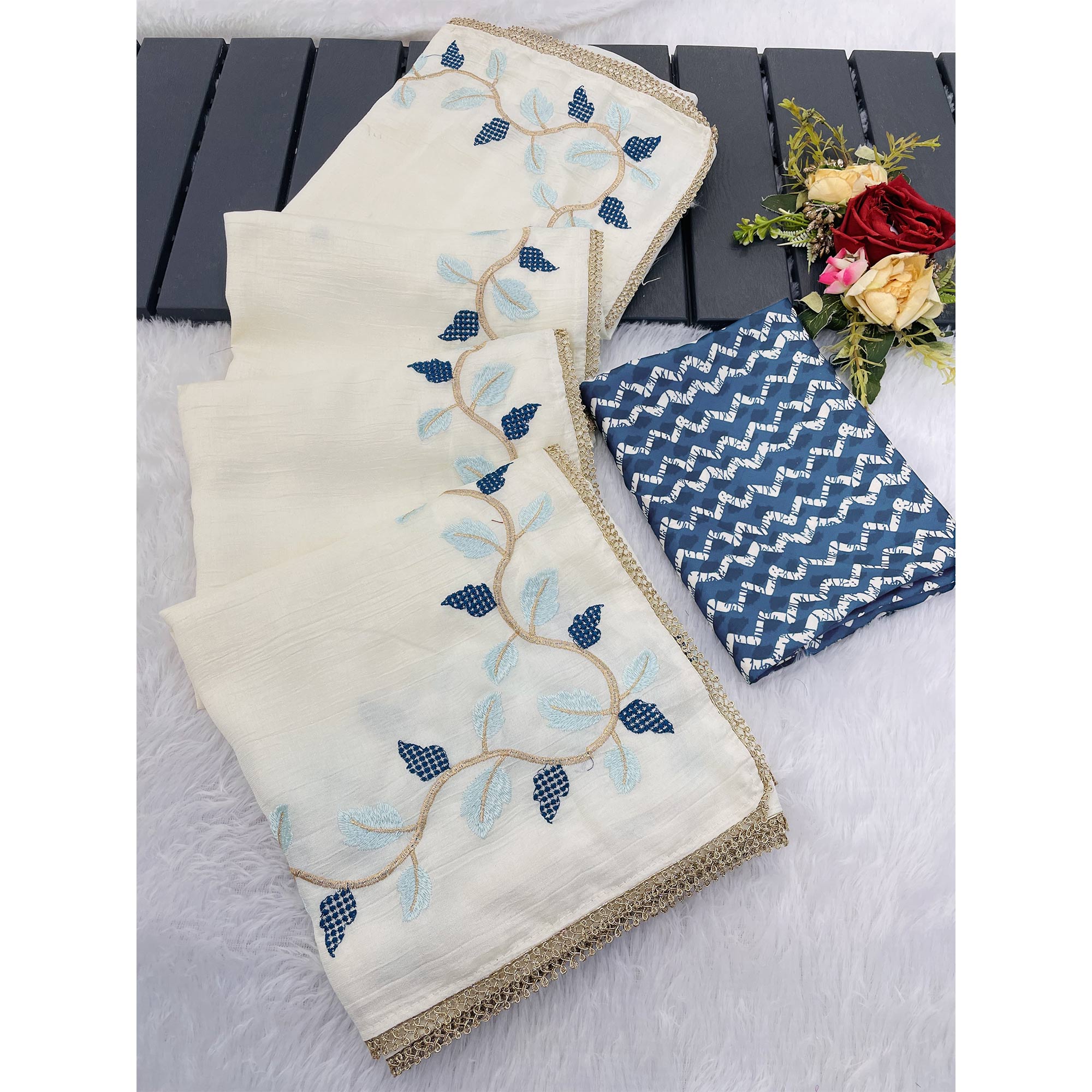 Timeless Offwhite & Blue Pure Silk Saree With Intricate Thread Embroidery And Delicate Lace Border