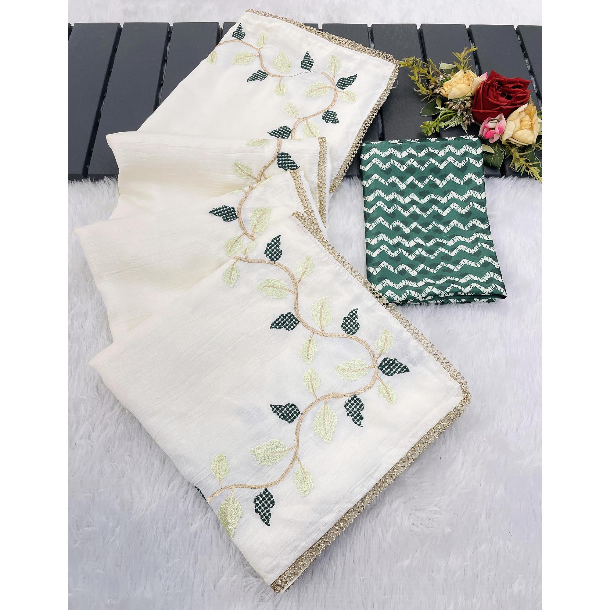 Elegant Offwhite & Green Pure Silk Saree With Intricate Thread Embroidery And Delicate Lace Border