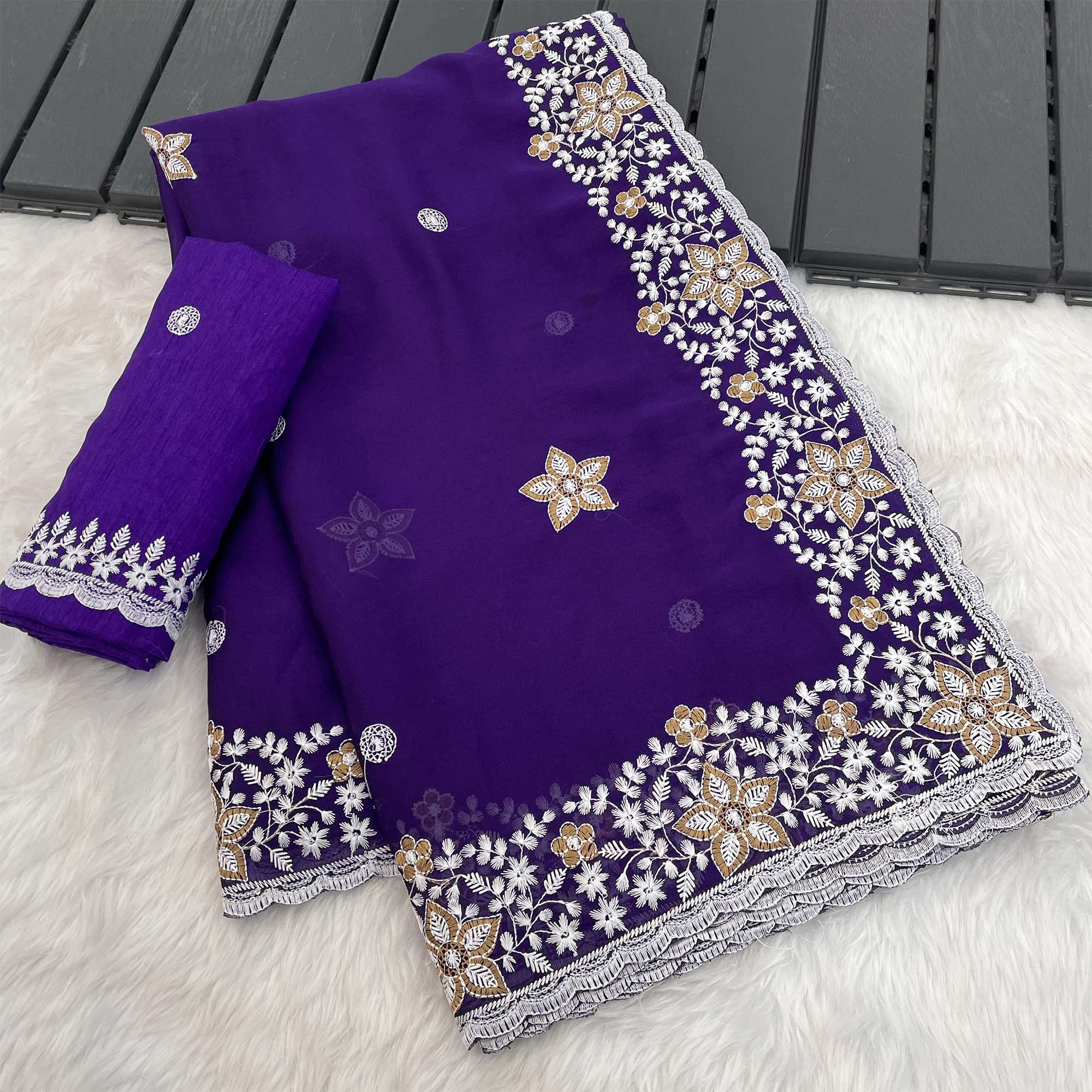 Purple Designer Art Silk Saree Enhanced with Fine Floral Embroidery Work