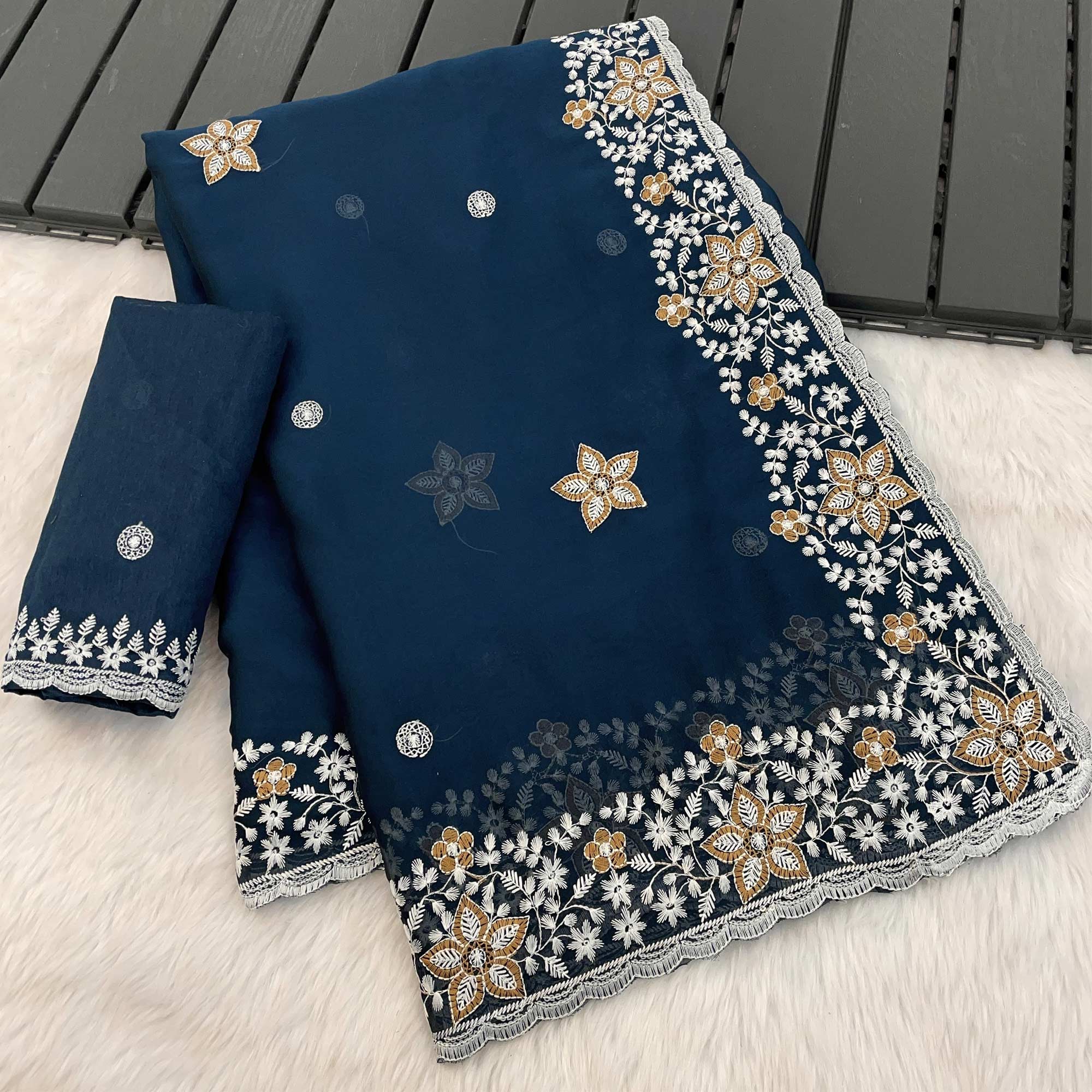 Teal Designer Art Silk Saree Enhanced with Fine Floral Embroidery Work