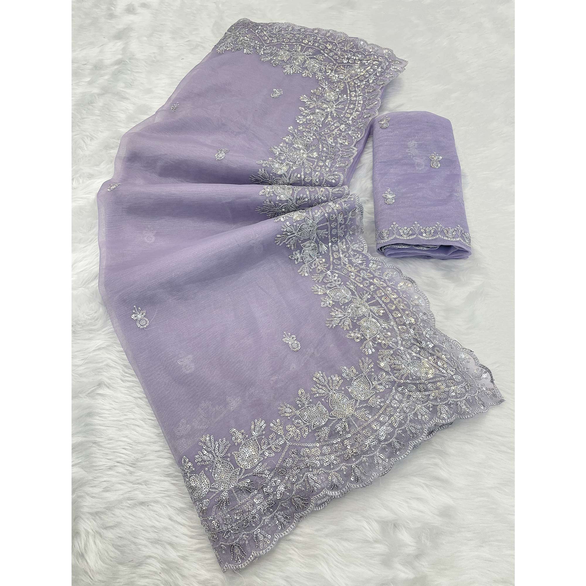 Lavender Sequins Embroidered Twill Net Designer Embellished Saree