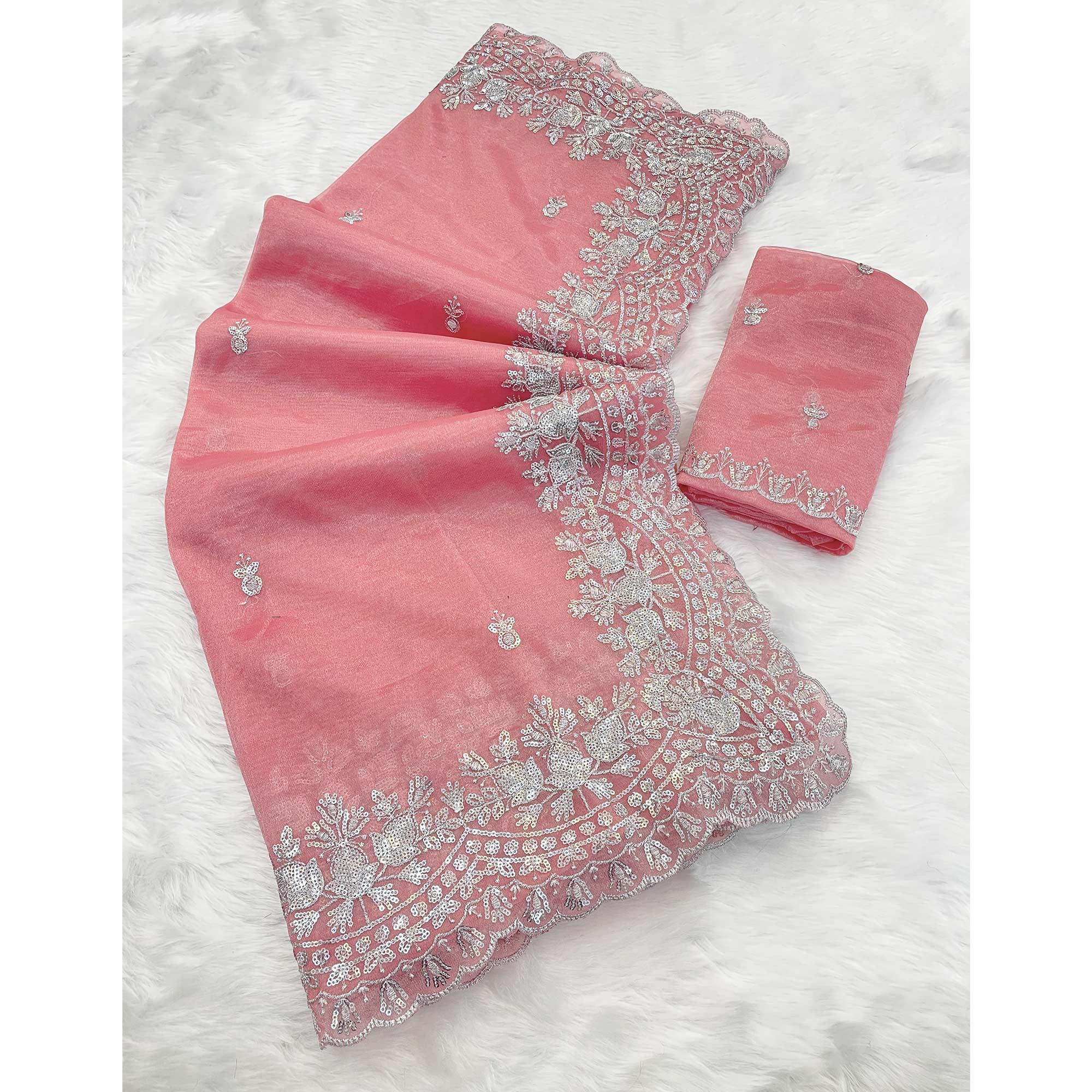 Peach Sequins Embroidered Twill Net Designer Embellished Saree