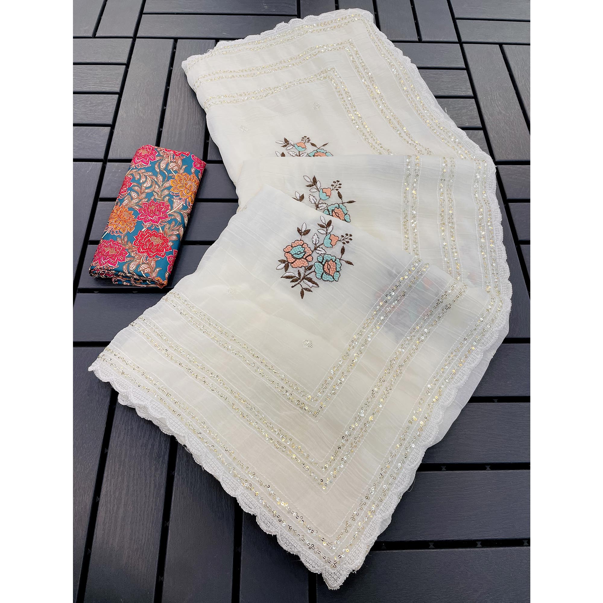 White Embroidered Cotton Silk Saree with Subtle Sequins Detailing
